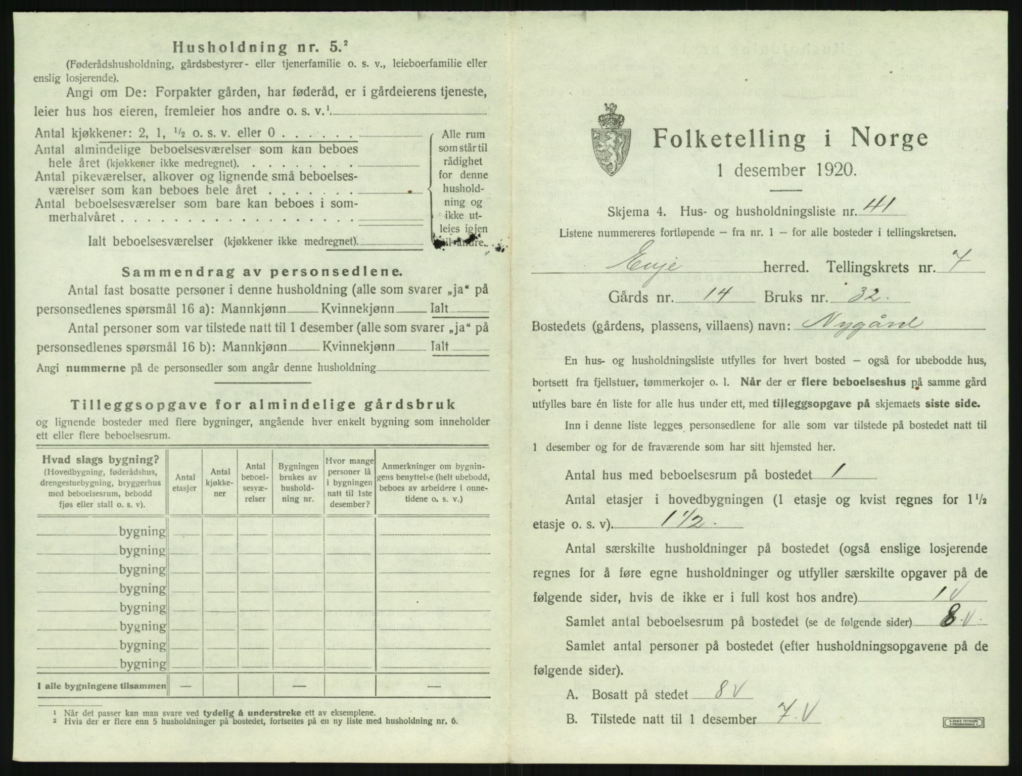 SAK, 1920 census for Evje, 1920, p. 422