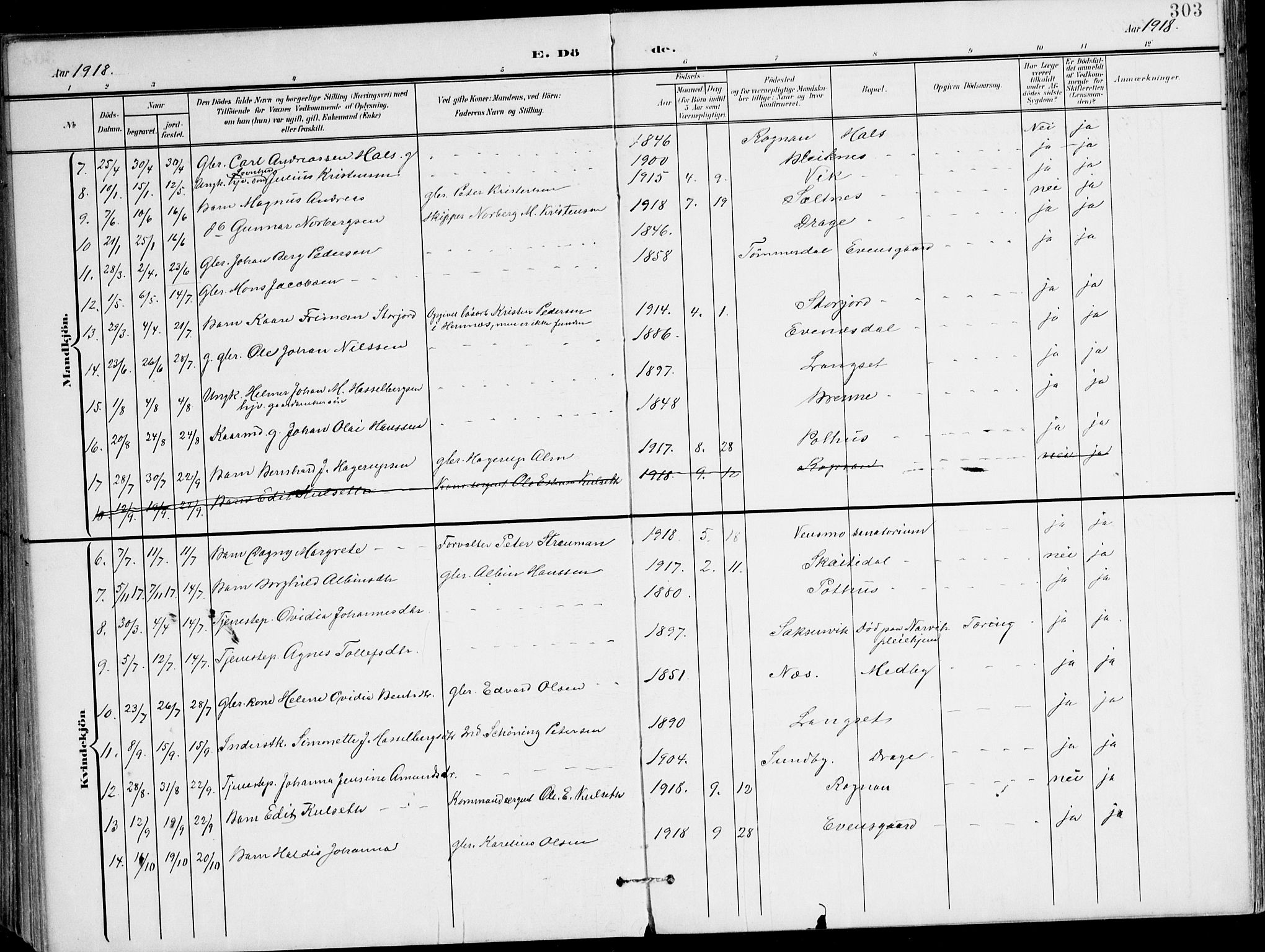 Ministerialprotokoller, klokkerbøker og fødselsregistre - Nordland, AV/SAT-A-1459/847/L0672: Parish register (official) no. 847A12, 1902-1919, p. 303