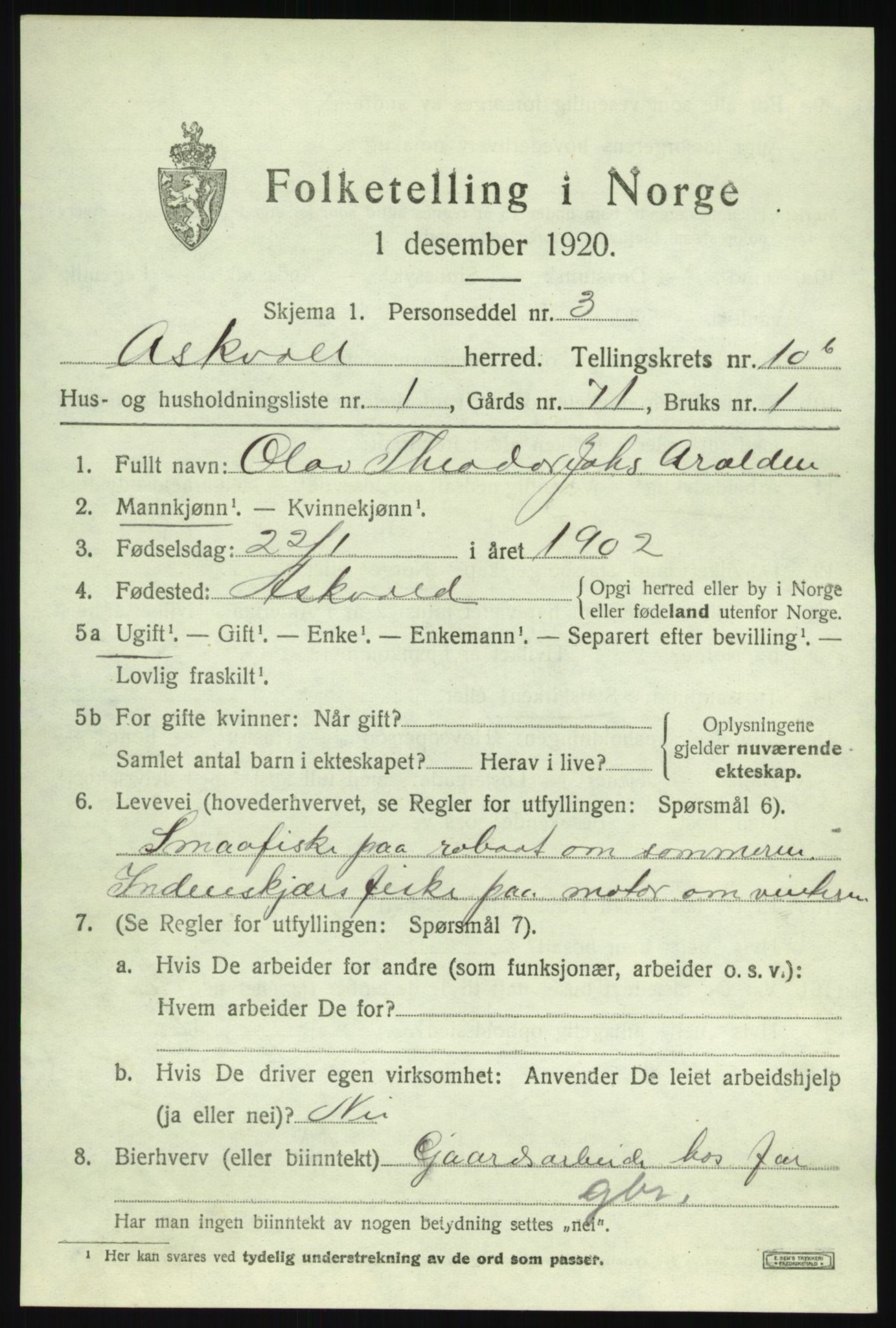 SAB, 1920 census for Askvoll, 1920, p. 4338