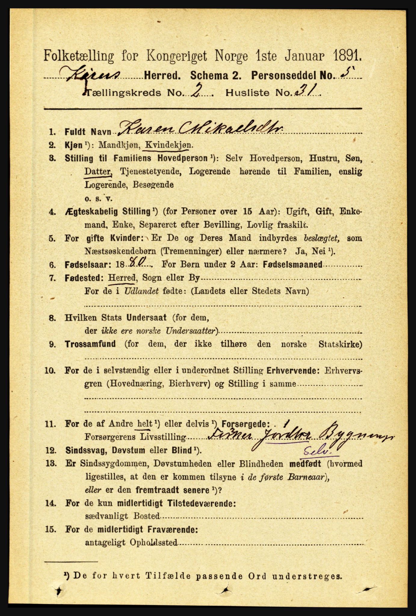 RA, 1891 census for 1437 Kinn, 1891, p. 732