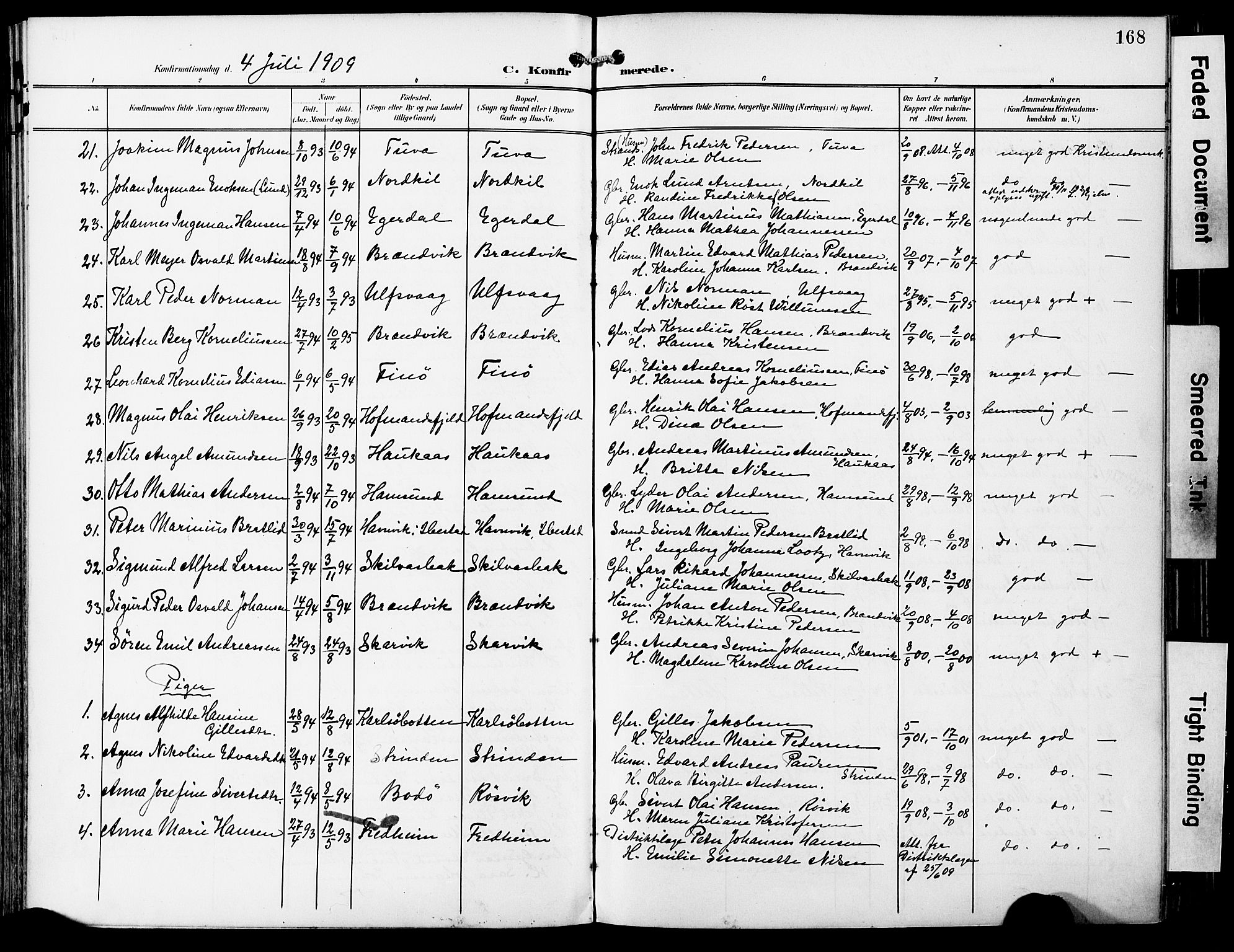 Ministerialprotokoller, klokkerbøker og fødselsregistre - Nordland, AV/SAT-A-1459/859/L0848: Parish register (official) no. 859A08, 1900-1912, p. 168