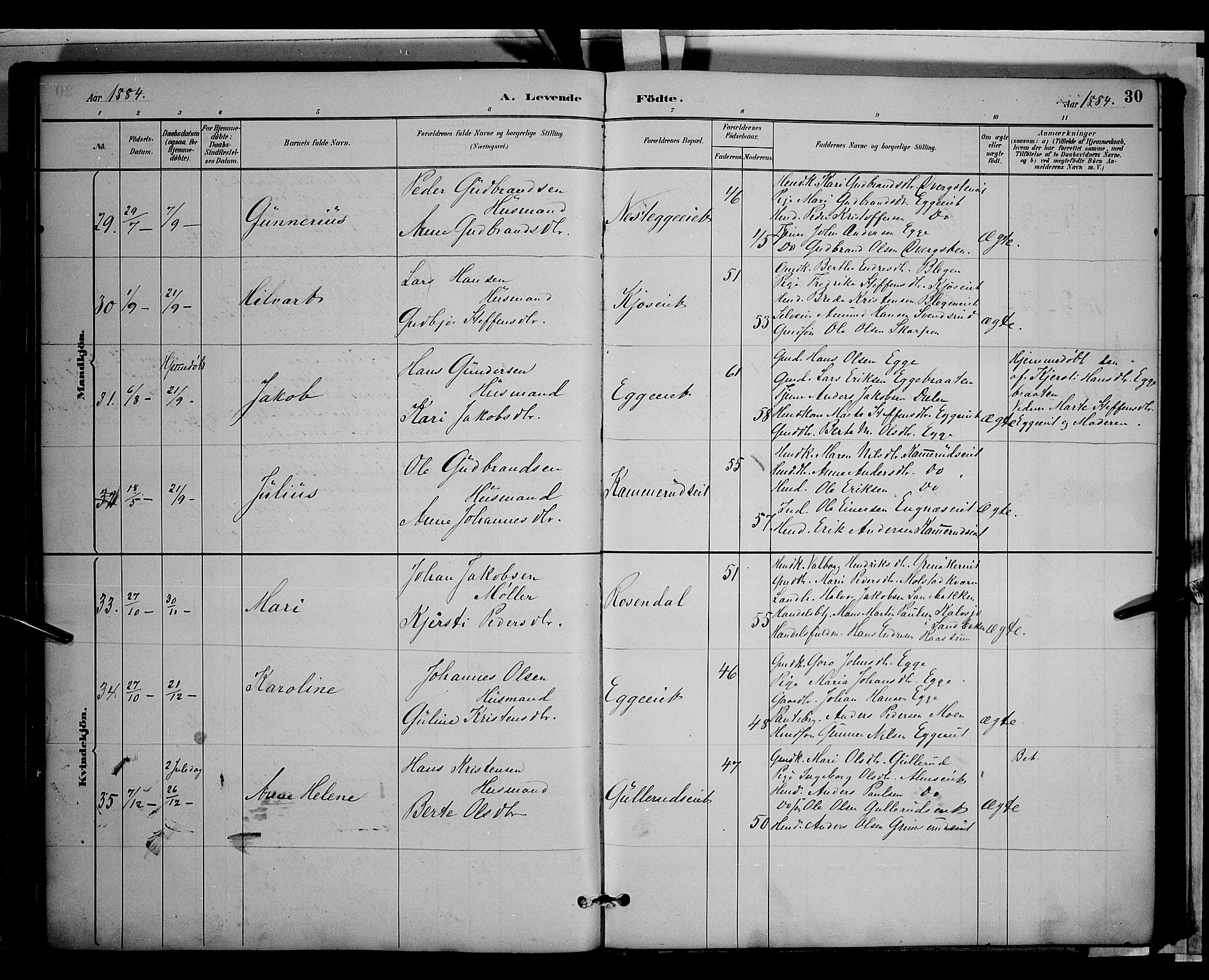 Gran prestekontor, SAH/PREST-112/H/Ha/Hab/L0003: Parish register (copy) no. 3, 1882-1890, p. 30