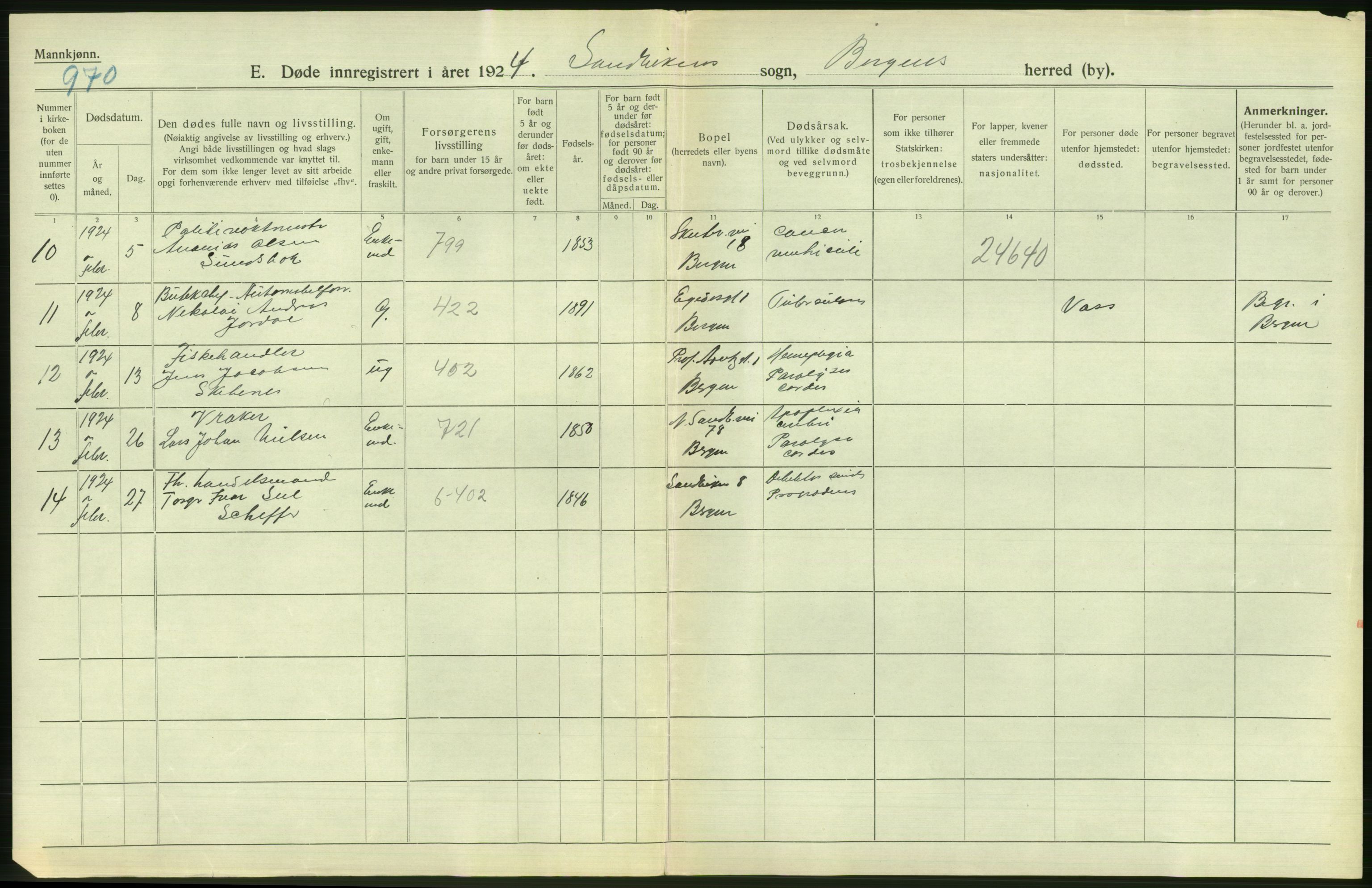 Statistisk sentralbyrå, Sosiodemografiske emner, Befolkning, AV/RA-S-2228/D/Df/Dfc/Dfcd/L0028: Bergen: Gifte, døde., 1924, p. 474