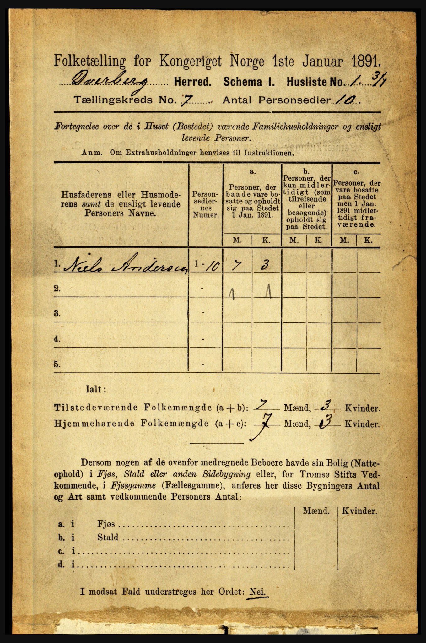 RA, 1891 census for 1872 Dverberg, 1891, p. 2505