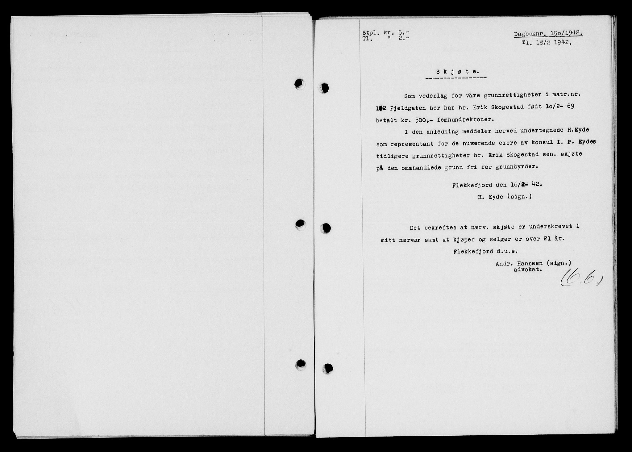 Flekkefjord sorenskriveri, SAK/1221-0001/G/Gb/Gba/L0057: Mortgage book no. A-5, 1941-1942, Diary no: : 150/1942