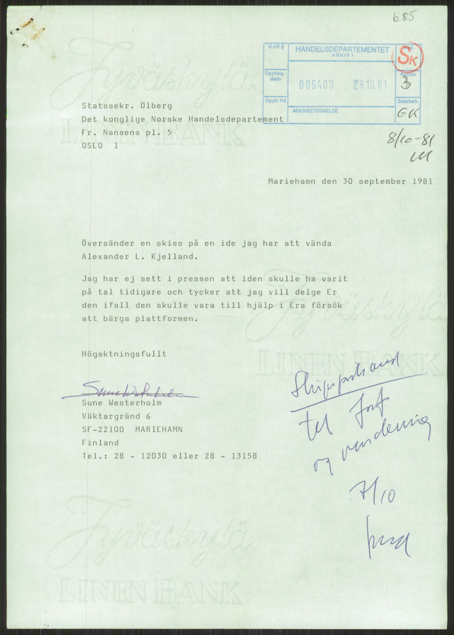 Handelsdepartementet, Skipsfartsavdelingen, RA/S-1409/2/D/De/L0501: Skipsfart. Andre spørsmål, 1981