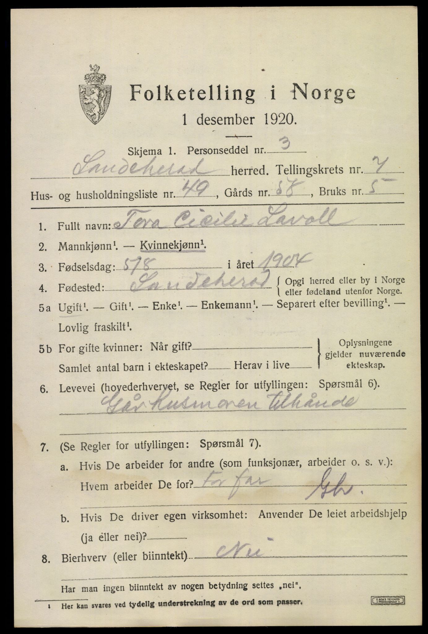 SAKO, 1920 census for Sandeherred, 1920, p. 12492