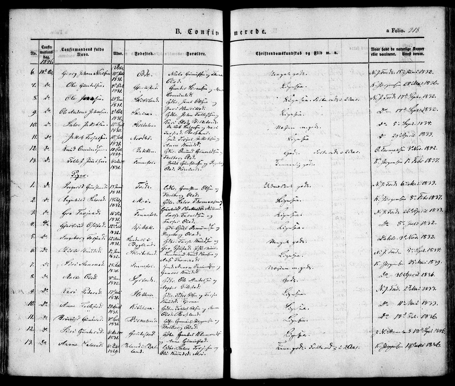 Evje sokneprestkontor, AV/SAK-1111-0008/F/Fa/Faa/L0005: Parish register (official) no. A 5, 1843-1865, p. 218