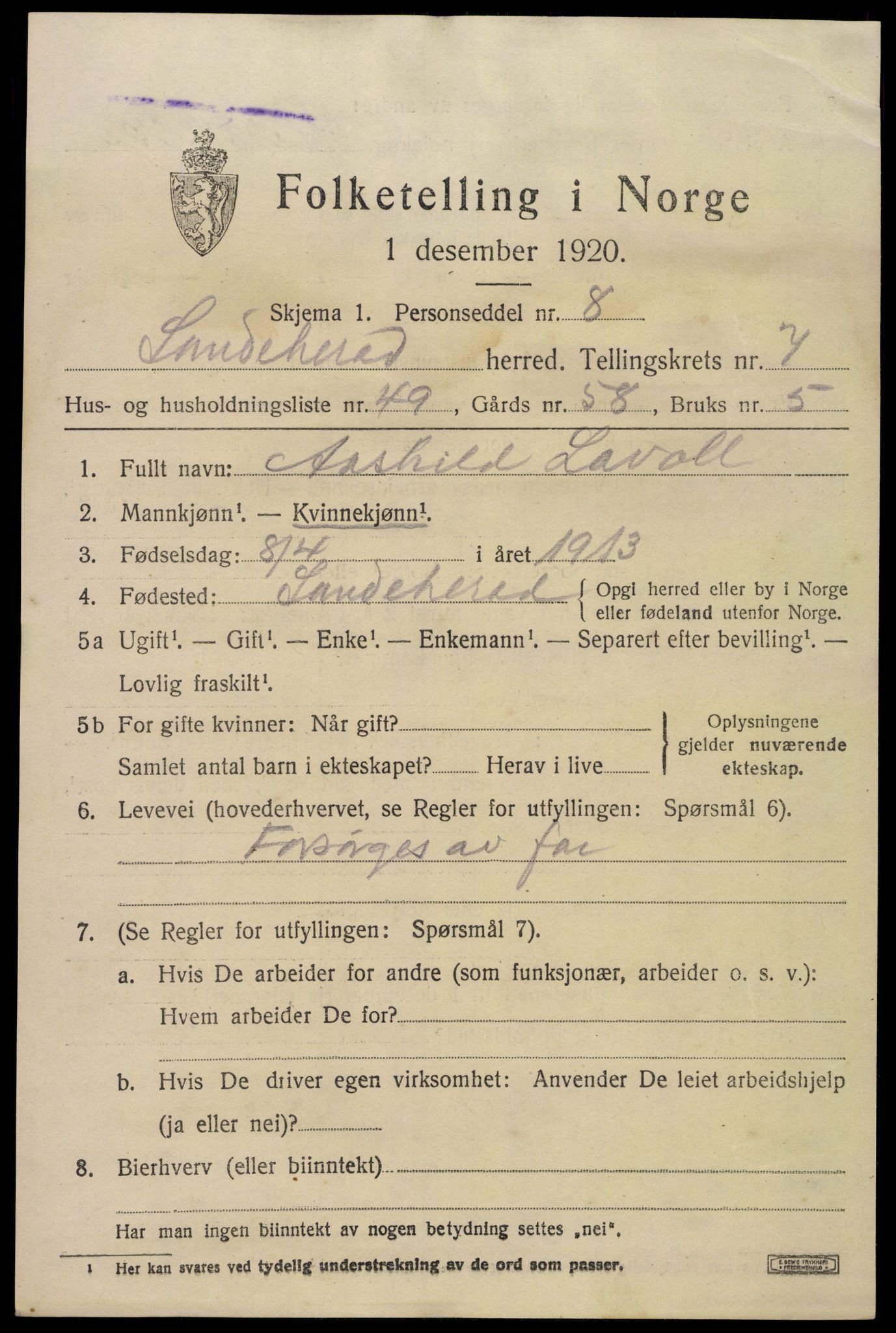 SAKO, 1920 census for Sandeherred, 1920, p. 12502