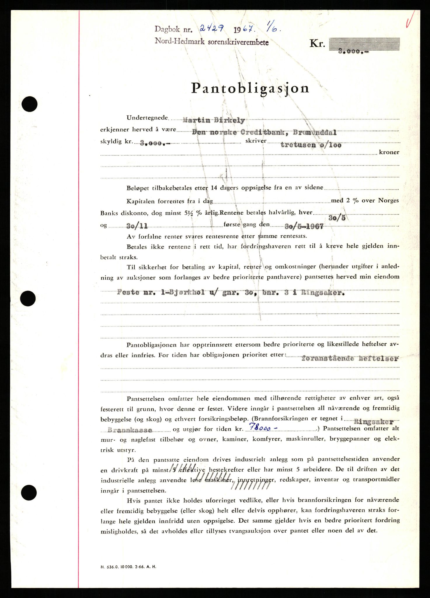 Nord-Hedmark sorenskriveri, SAH/TING-012/H/Hb/Hbf/L0071: Mortgage book no. B71, 1967-1967, Diary no: : 2429/1967