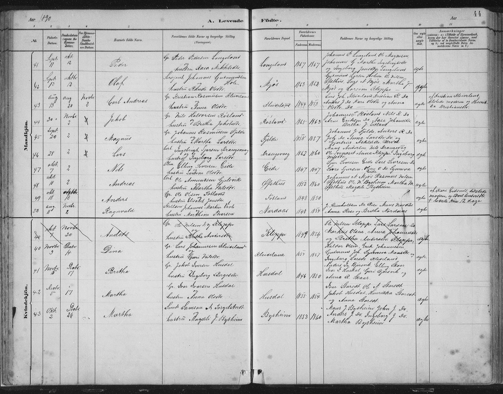 Hosanger sokneprestembete, AV/SAB-A-75801/H/Hab: Parish register (copy) no. A 3 I, 1882-1903, p. 44