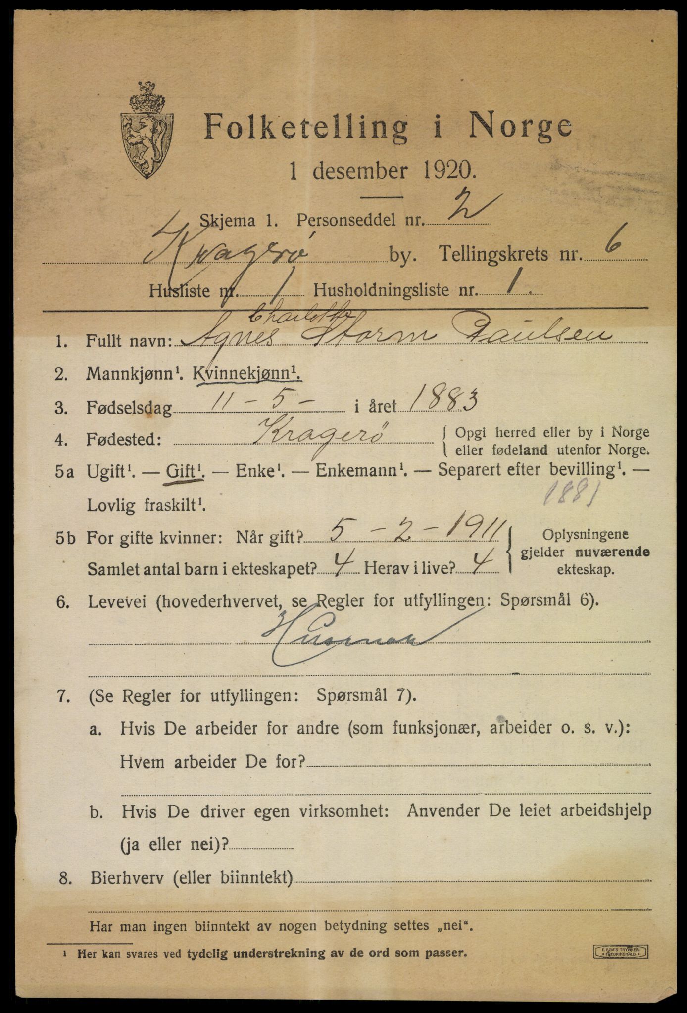 SAKO, 1920 census for Kragerø, 1920, p. 9069