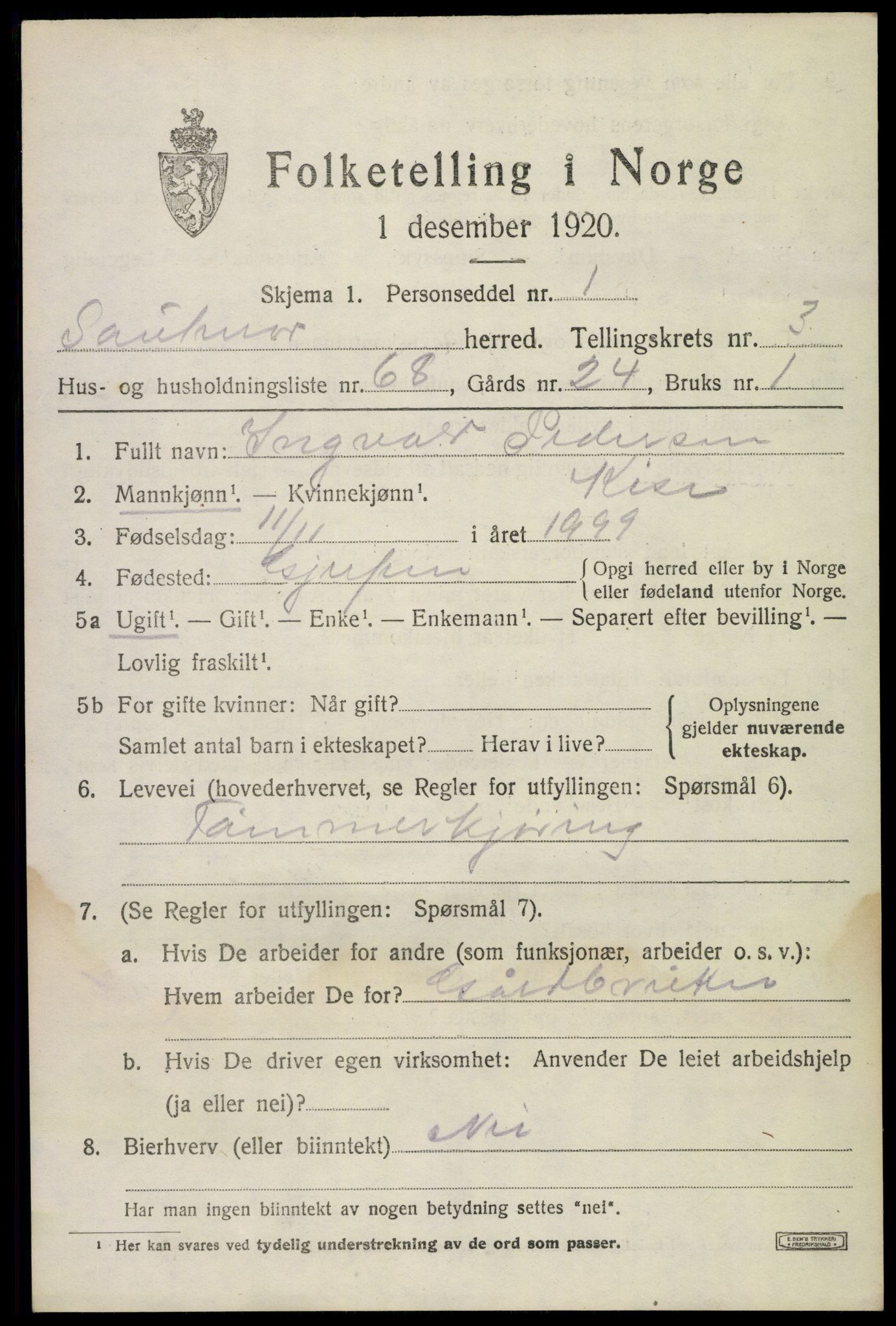 SAKO, 1920 census for Sauherad, 1920, p. 3599