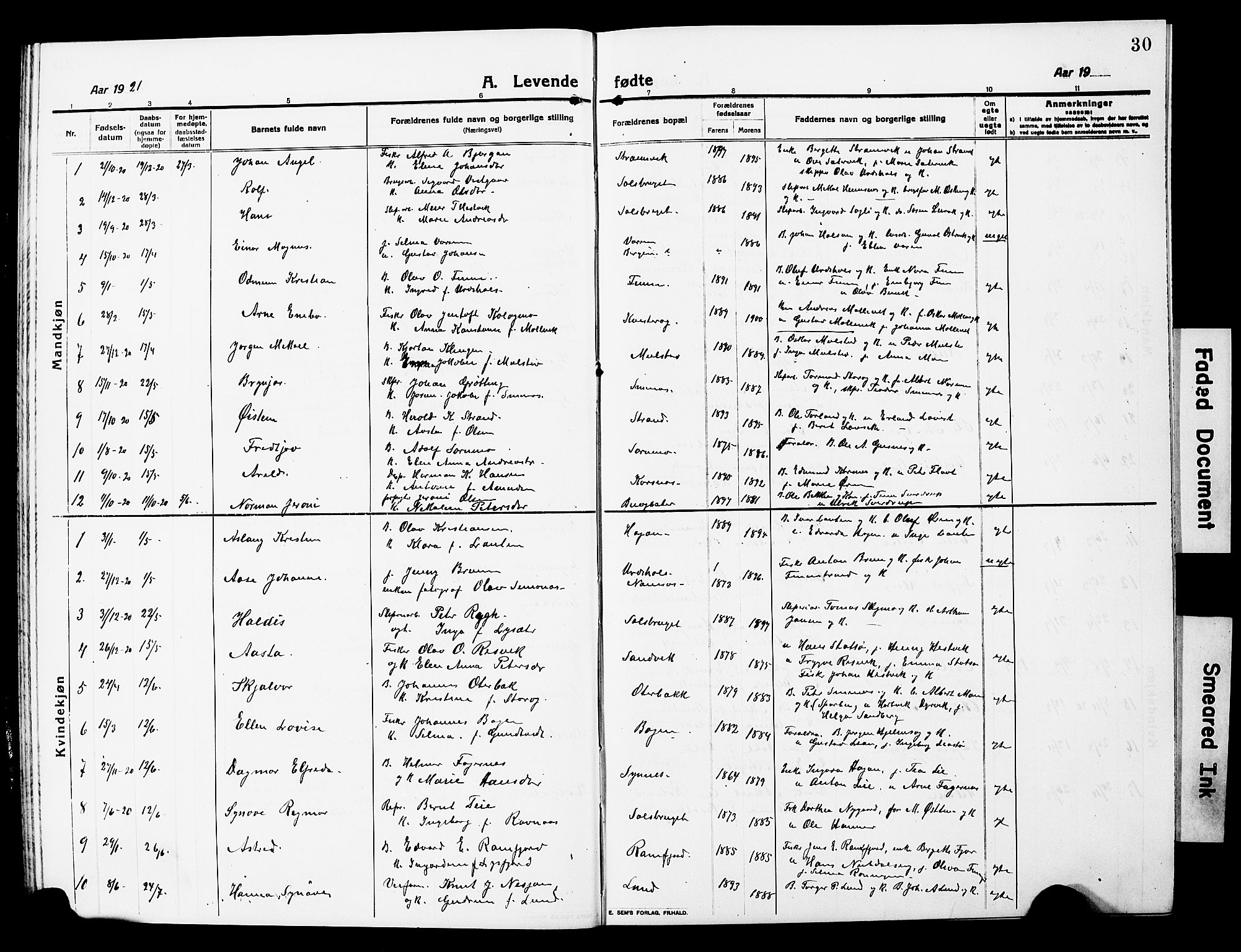 Ministerialprotokoller, klokkerbøker og fødselsregistre - Nord-Trøndelag, SAT/A-1458/780/L0653: Parish register (copy) no. 780C05, 1911-1927, p. 30