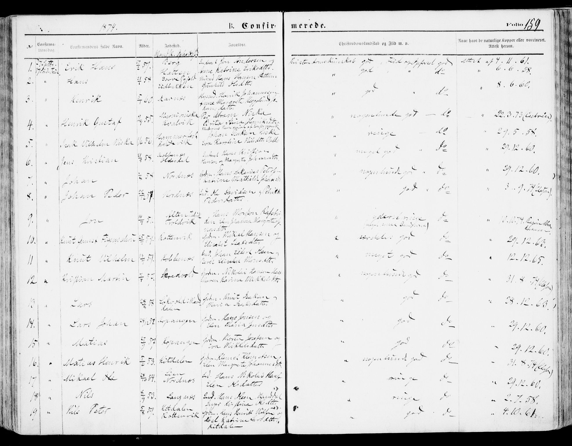 Lyngen sokneprestembete, SATØ/S-1289/H/He/Hea/L0006kirke: Parish register (official) no. 6, 1870-1878, p. 159