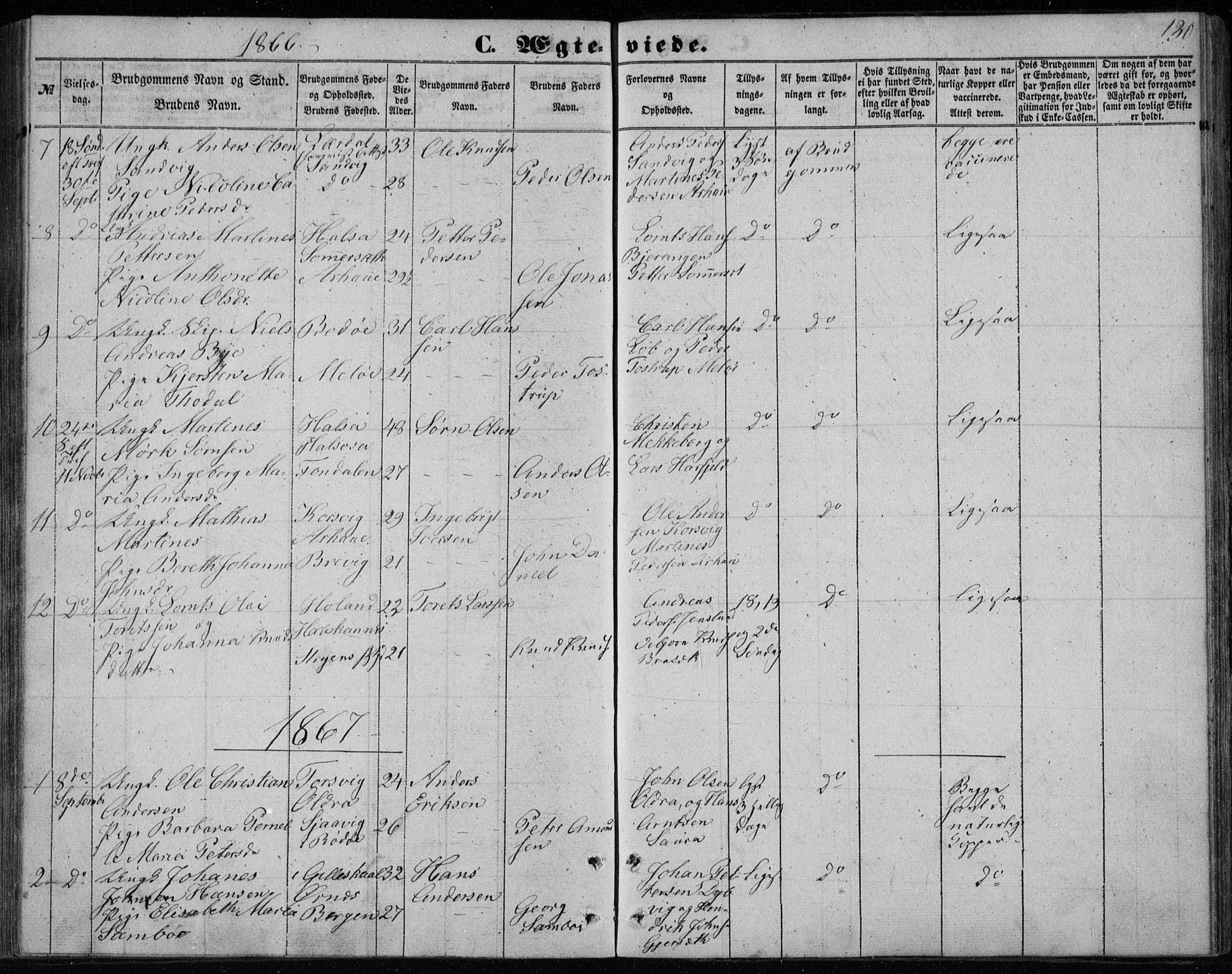Ministerialprotokoller, klokkerbøker og fødselsregistre - Nordland, SAT/A-1459/843/L0633: Parish register (copy) no. 843C02, 1853-1873, p. 130