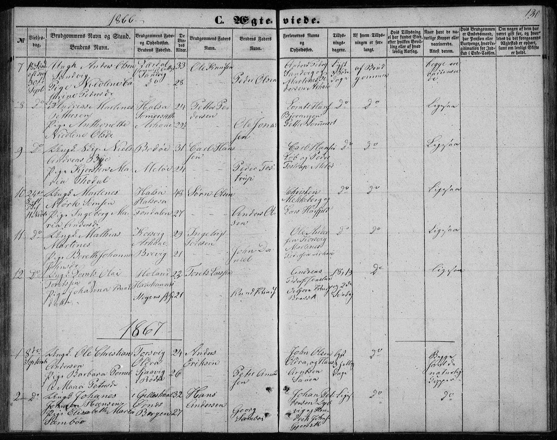 Ministerialprotokoller, klokkerbøker og fødselsregistre - Nordland, AV/SAT-A-1459/843/L0633: Parish register (copy) no. 843C02, 1853-1873, p. 130