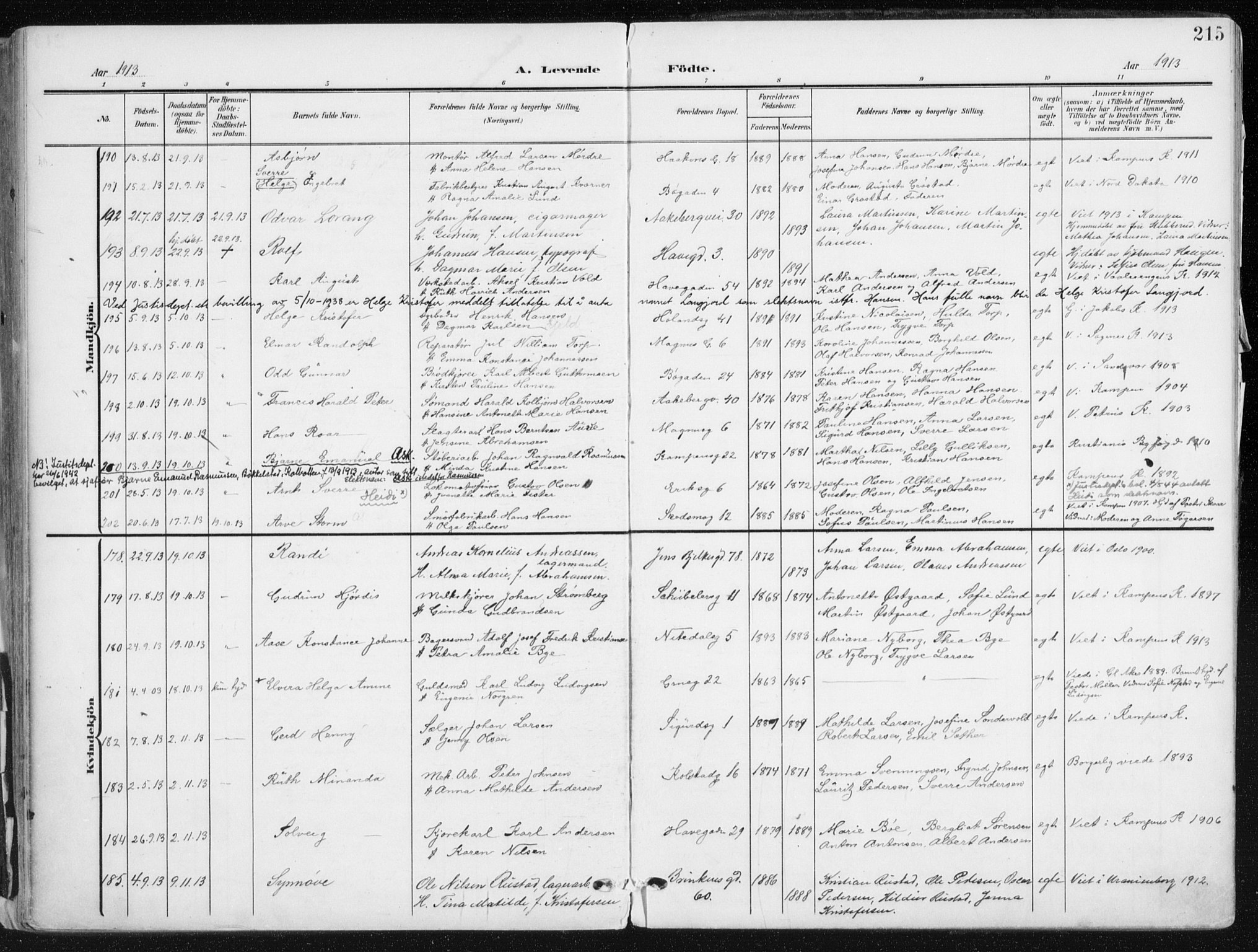 Kampen prestekontor Kirkebøker, AV/SAO-A-10853/F/Fa/L0010: Parish register (official) no. I 10, 1905-1917, p. 215