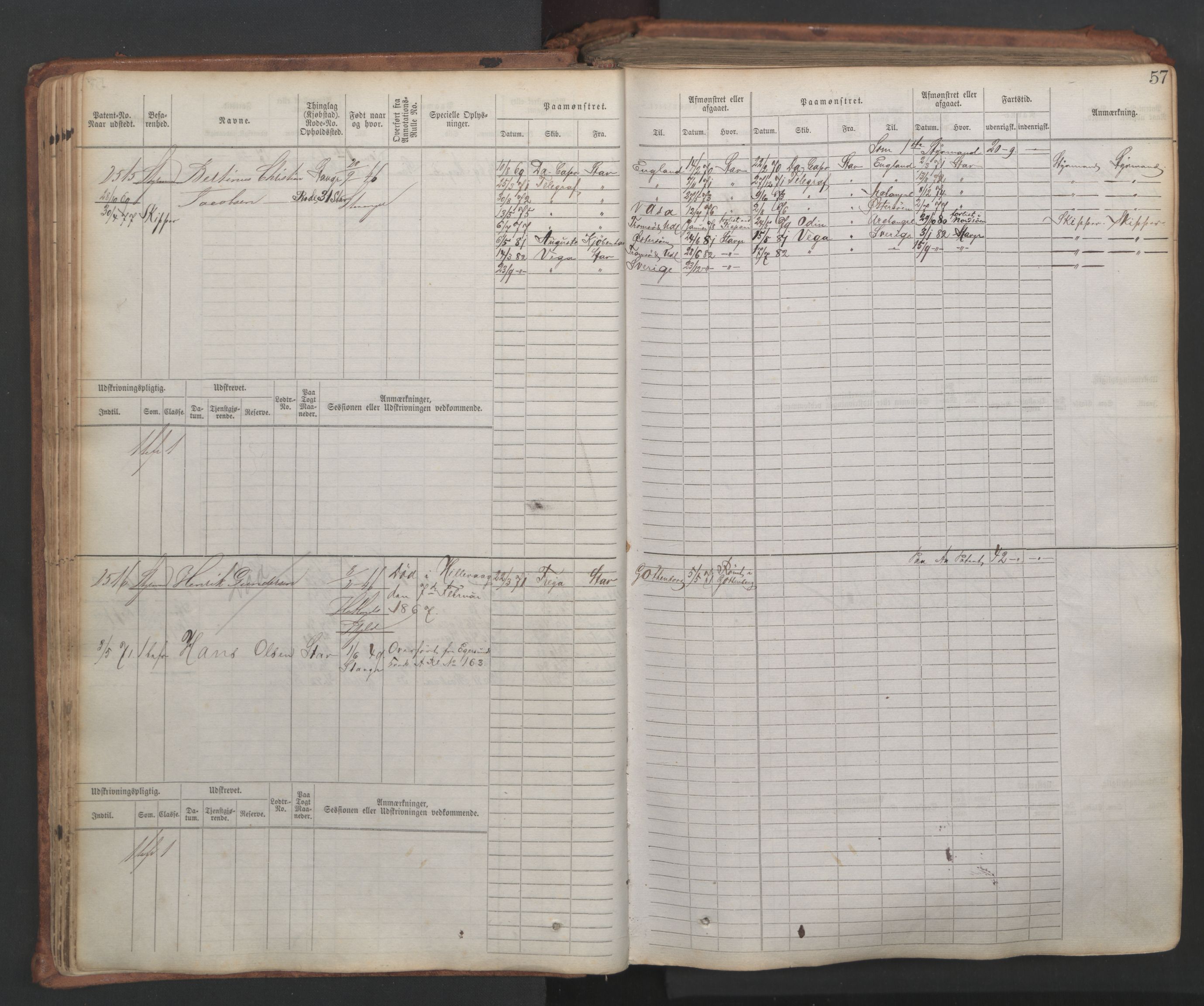 Stavanger sjømannskontor, AV/SAST-A-102006/F/Fb/Fbb/L0007: Sjøfartshovedrulle, patentnr. 2403-3604, 1869-1880, p. 62