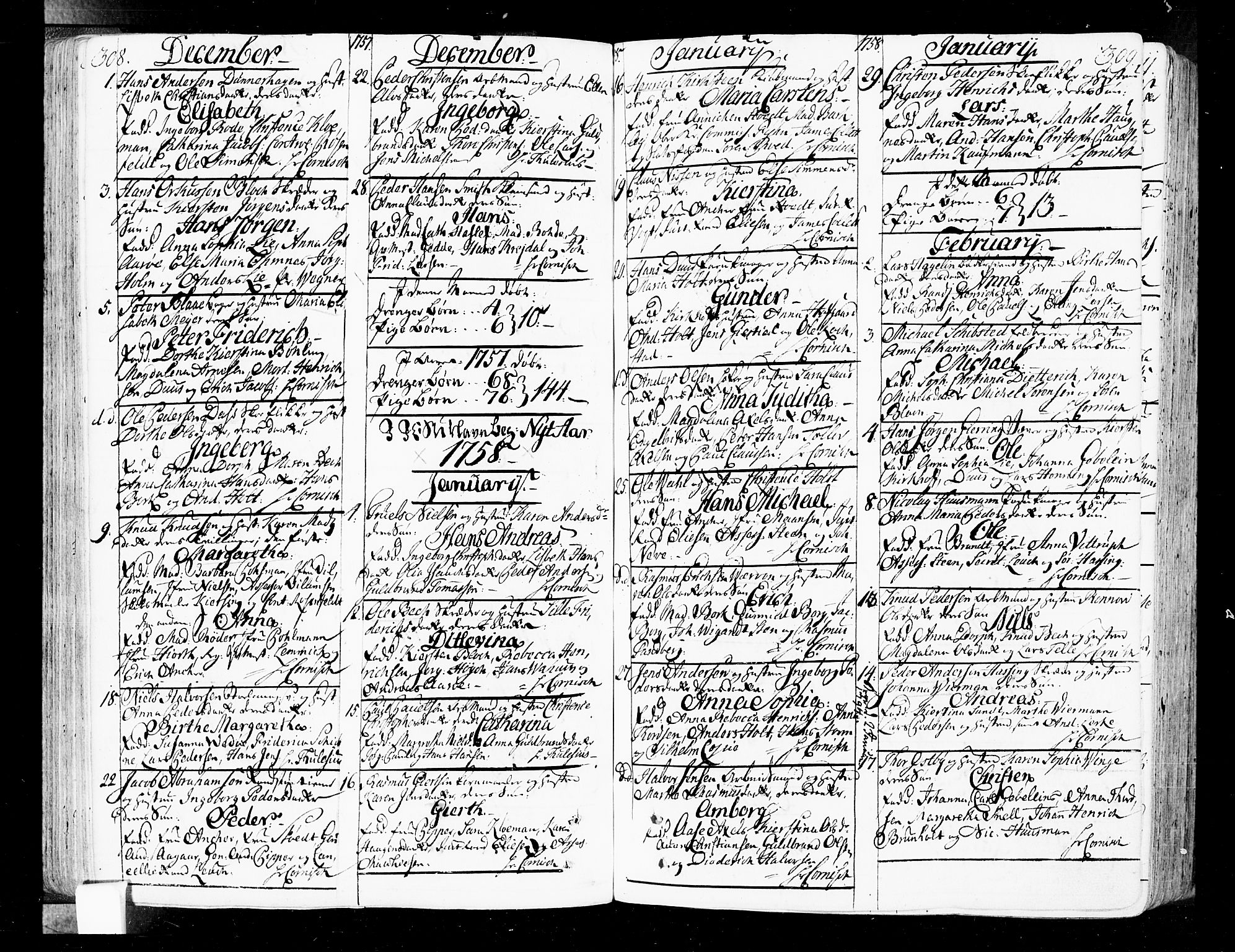 Oslo domkirke Kirkebøker, SAO/A-10752/F/Fa/L0004: Parish register (official) no. 4, 1743-1786, p. 308-309