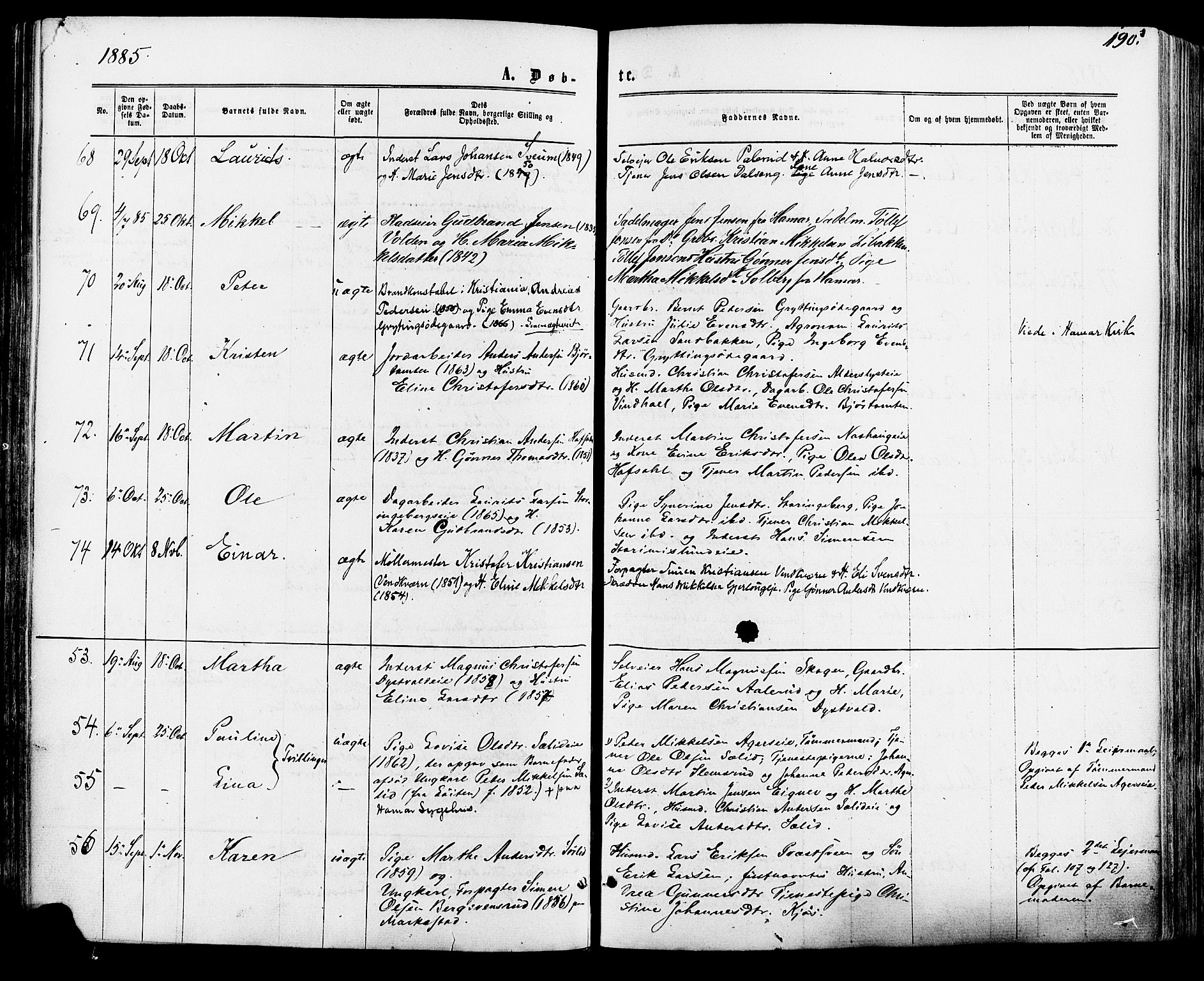 Vang prestekontor, Hedmark, SAH/PREST-008/H/Ha/Haa/L0015: Parish register (official) no. 15, 1871-1885, p. 190