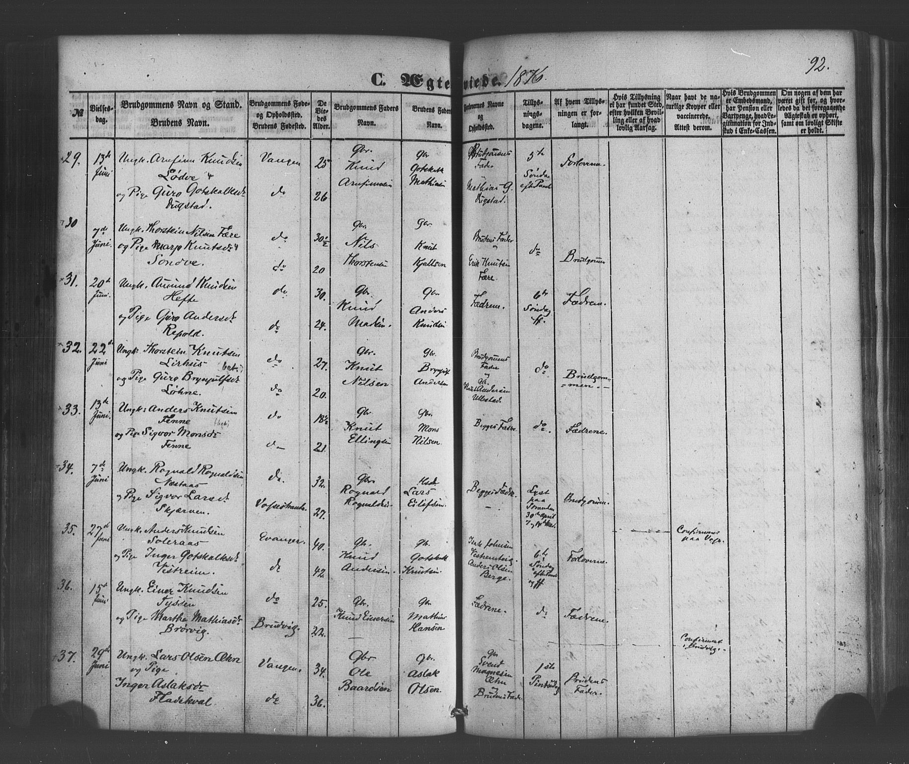 Voss sokneprestembete, SAB/A-79001/H/Haa: Parish register (official) no. A 19, 1851-1886, p. 92
