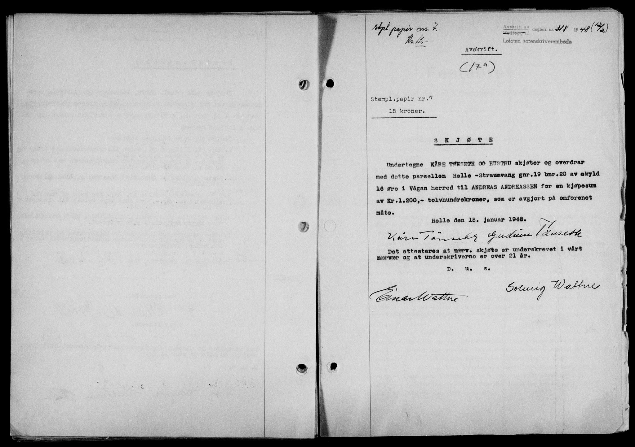 Lofoten sorenskriveri, SAT/A-0017/1/2/2C/L0017a: Mortgage book no. 17a, 1947-1948, Diary no: : 318/1948
