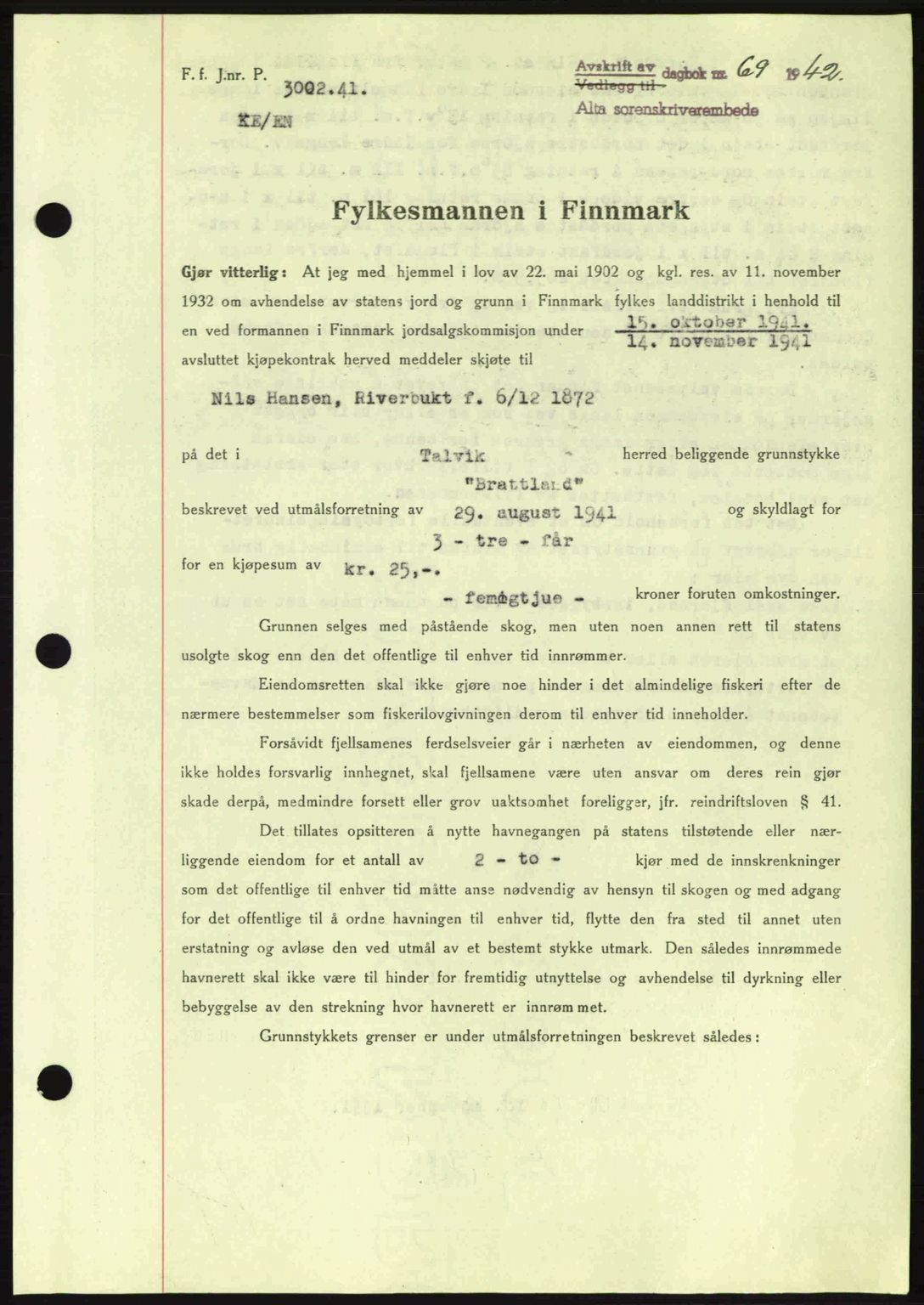 Alta fogderi/sorenskriveri, SATØ/SATØ-5/1/K/Kd/L0033pantebok: Mortgage book no. 33, 1940-1943, Diary no: : 69/1942