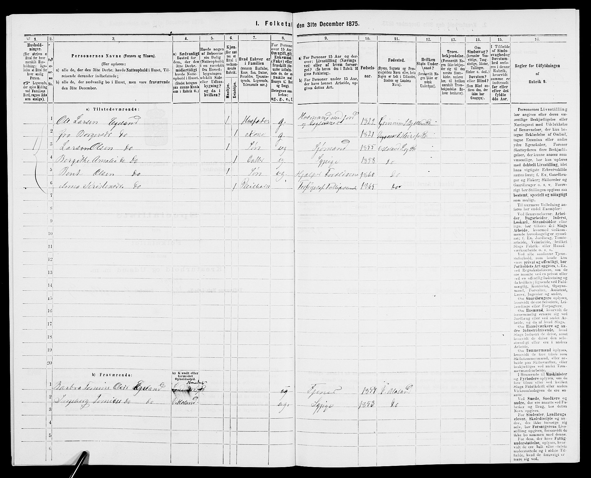 SAK, 1875 census for 0926L Vestre Moland/Vestre Moland, 1875, p. 567