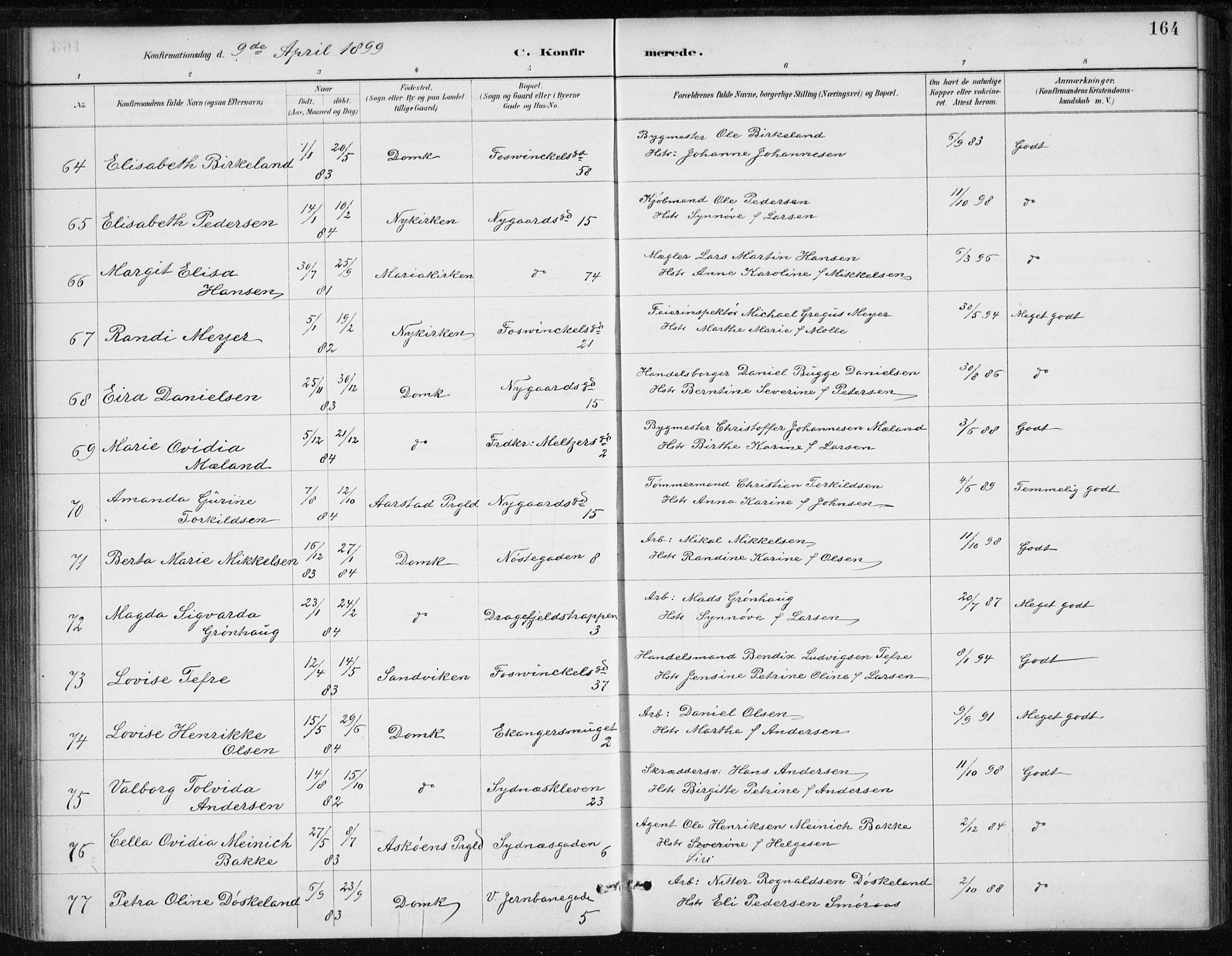 Johanneskirken sokneprestembete, AV/SAB-A-76001/H/Haa/L0008: Parish register (official) no. C 1, 1885-1907, p. 164