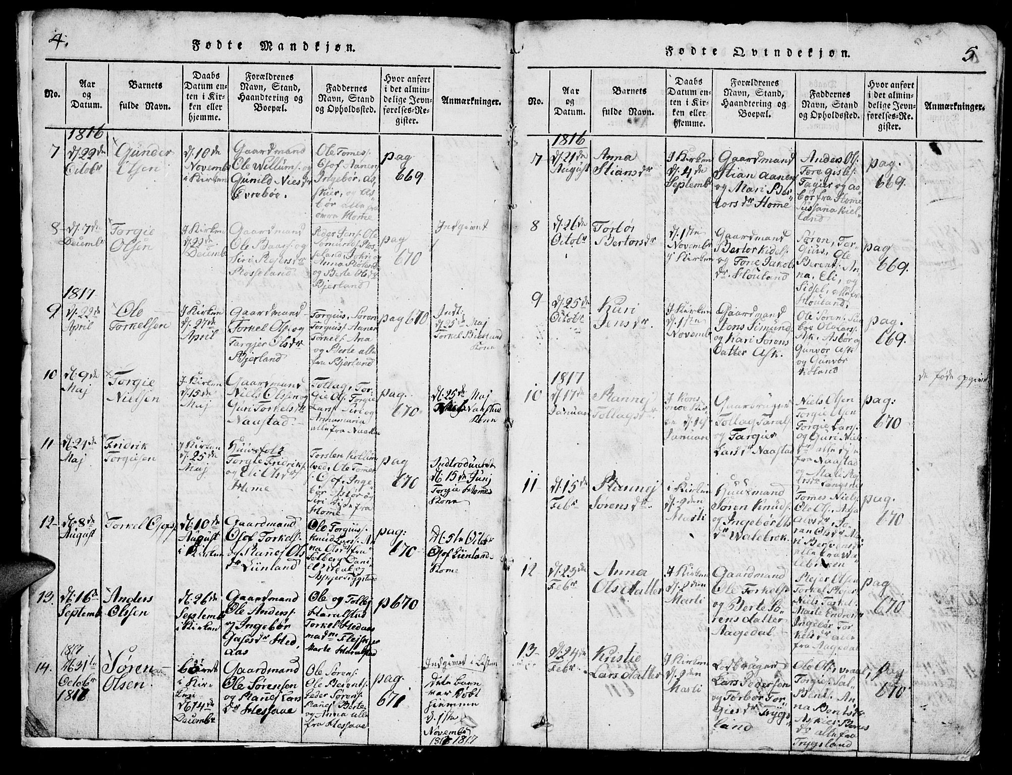 Bjelland sokneprestkontor, SAK/1111-0005/F/Fb/Fba/L0003: Parish register (copy) no. B 3, 1816-1870, p. 4-5