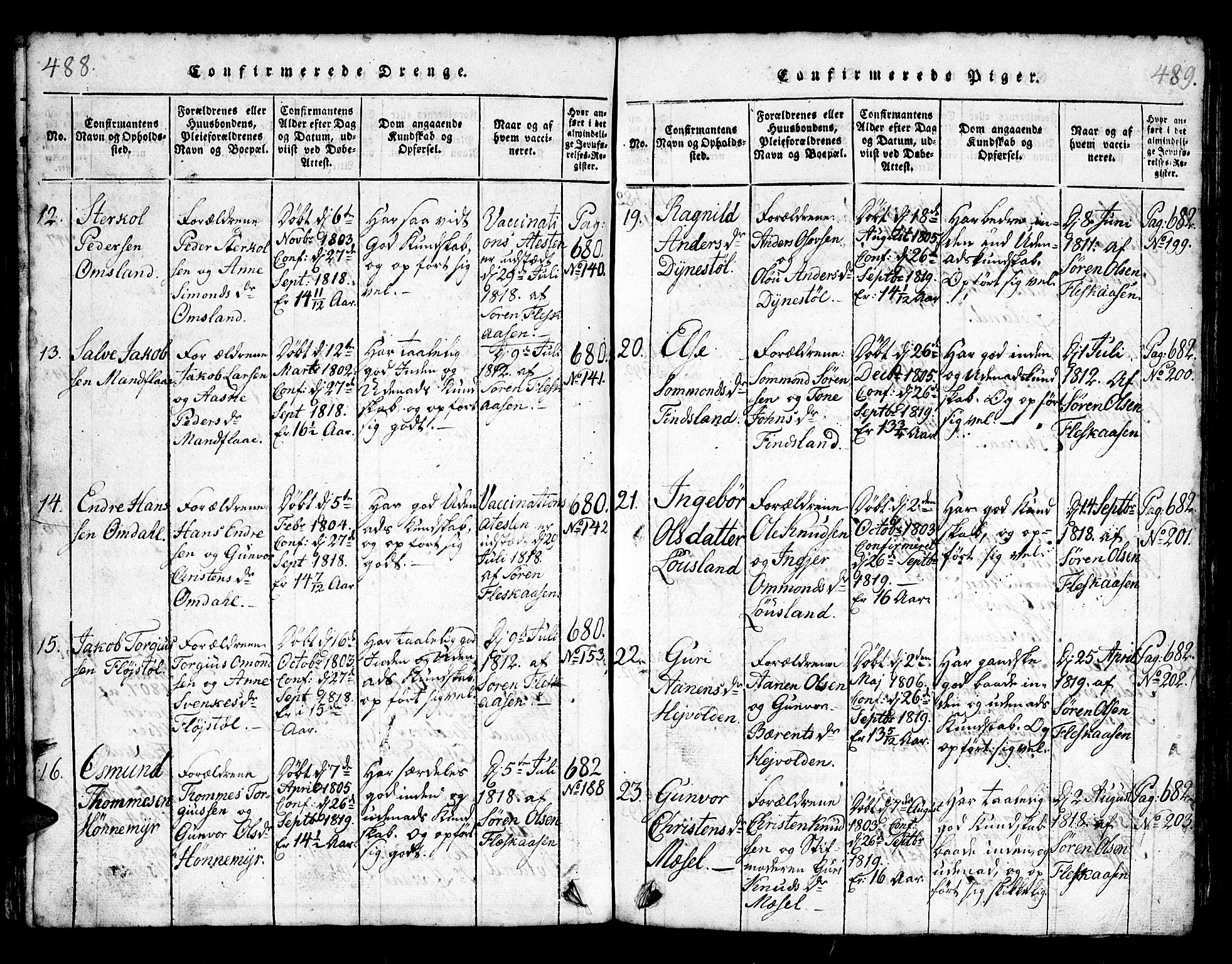 Bjelland sokneprestkontor, SAK/1111-0005/F/Fb/Fbb/L0003: Parish register (copy) no. B 3, 1816-1868, p. 488-489