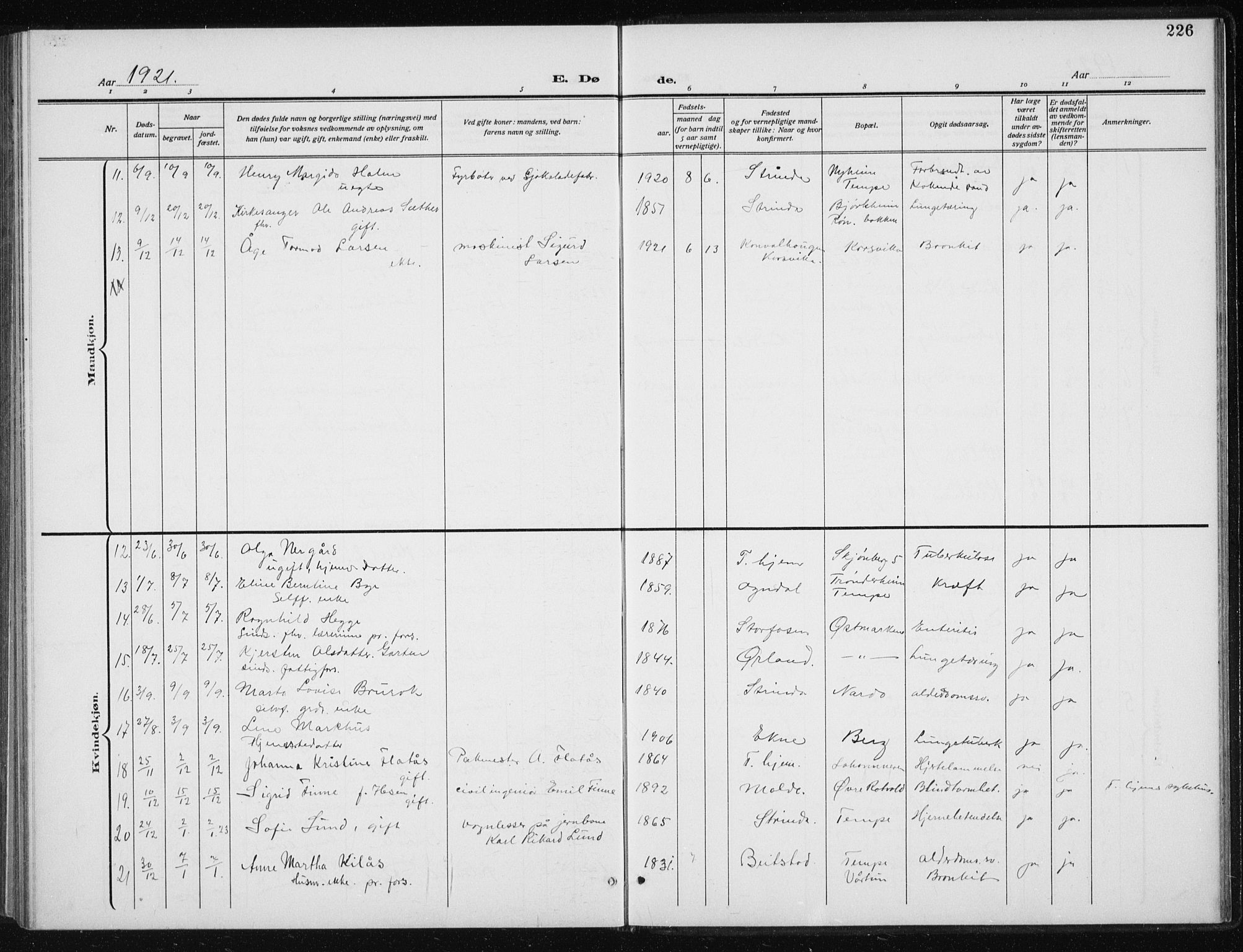 Ministerialprotokoller, klokkerbøker og fødselsregistre - Sør-Trøndelag, SAT/A-1456/606/L0314: Parish register (copy) no. 606C10, 1911-1937, p. 226