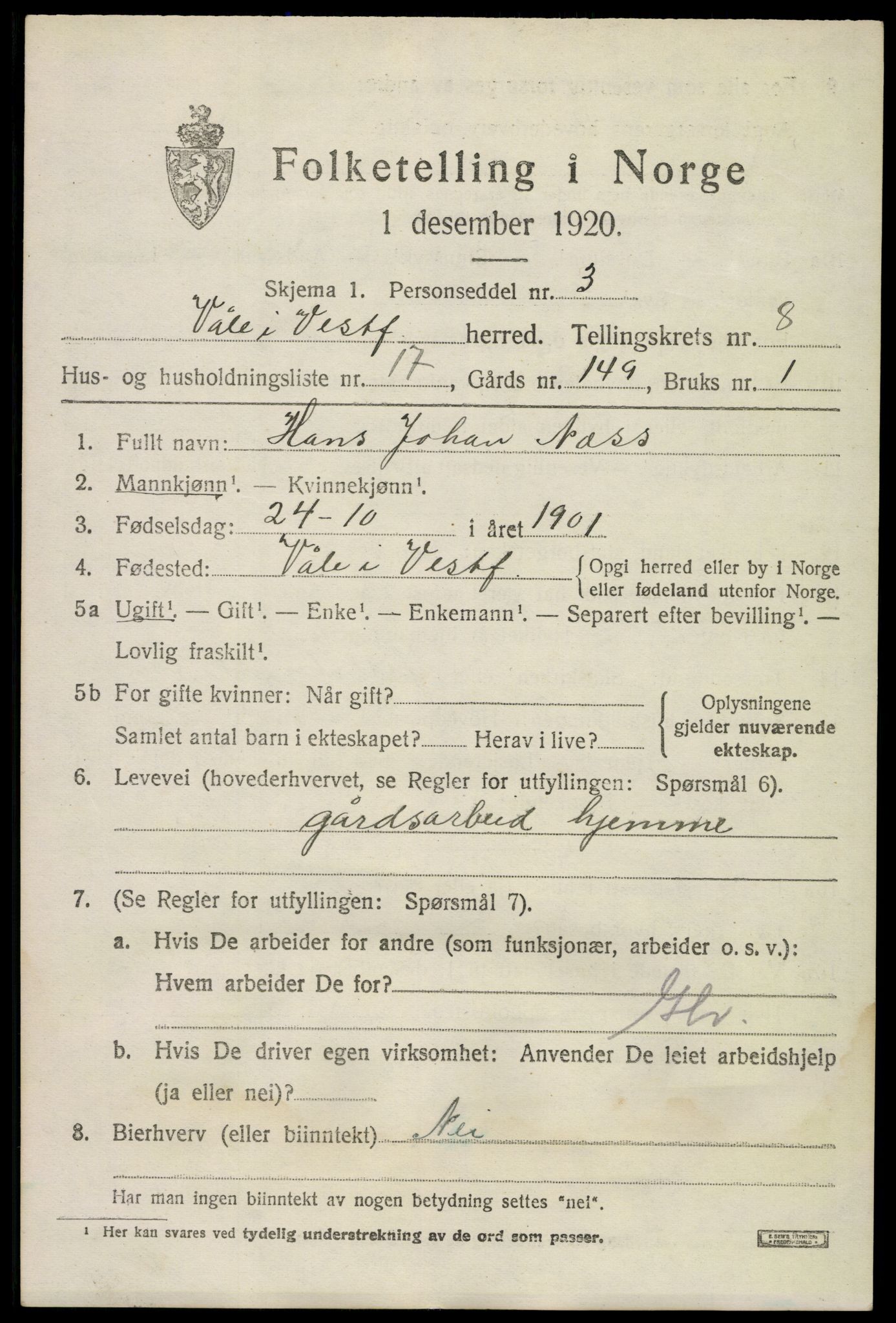 SAKO, 1920 census for Våle, 1920, p. 6340