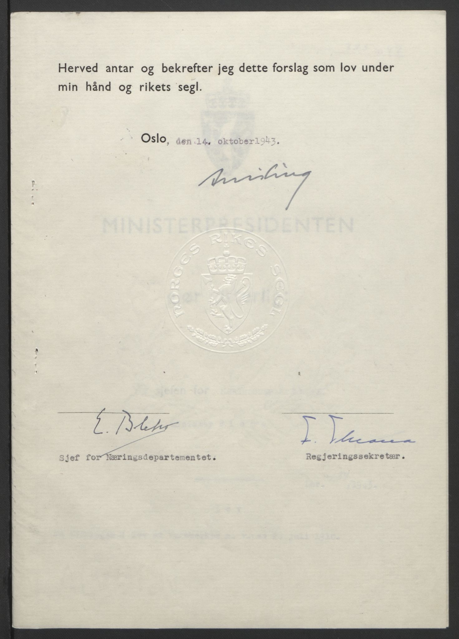 NS-administrasjonen 1940-1945 (Statsrådsekretariatet, de kommisariske statsråder mm), RA/S-4279/D/Db/L0099: Lover, 1943, p. 627