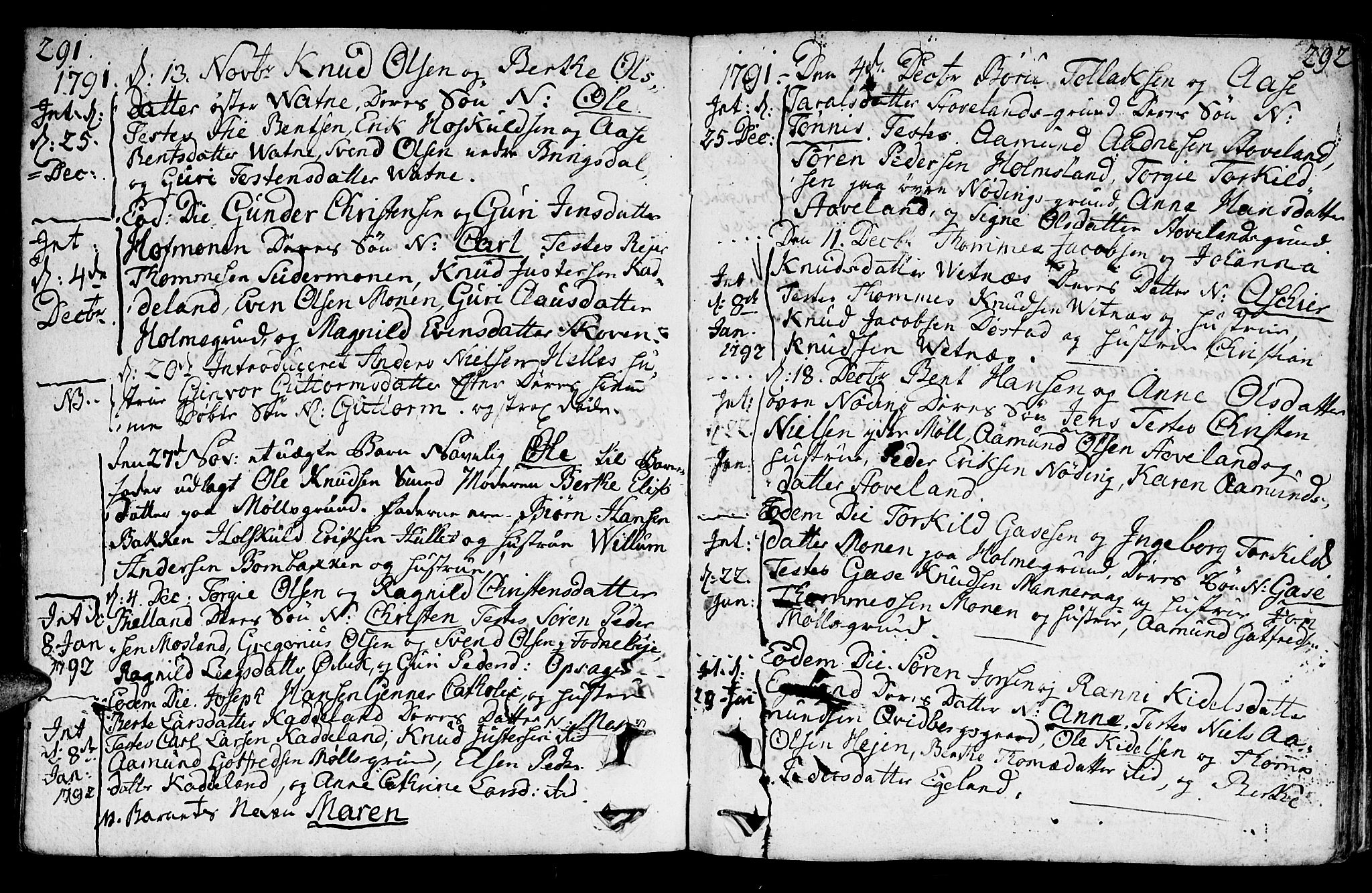 Holum sokneprestkontor, AV/SAK-1111-0022/F/Fa/Faa/L0003: Parish register (official) no. A 3, 1780-1821, p. 291-292