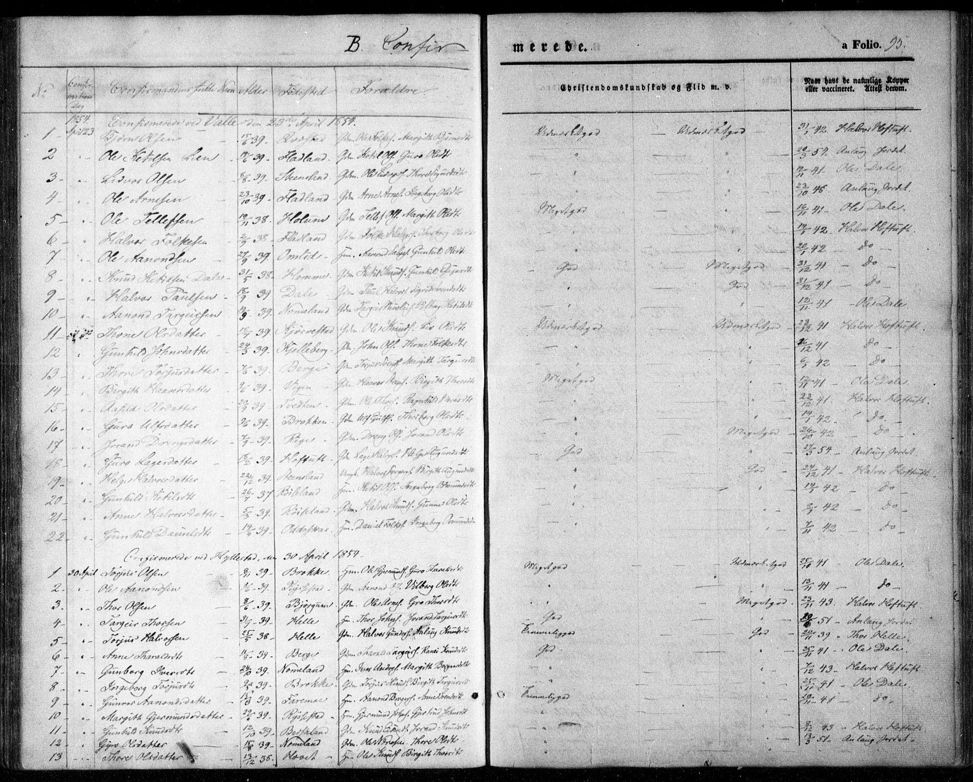 Valle sokneprestkontor, SAK/1111-0044/F/Fa/Fac/L0007: Parish register (official) no. A 7, 1854-1868, p. 95