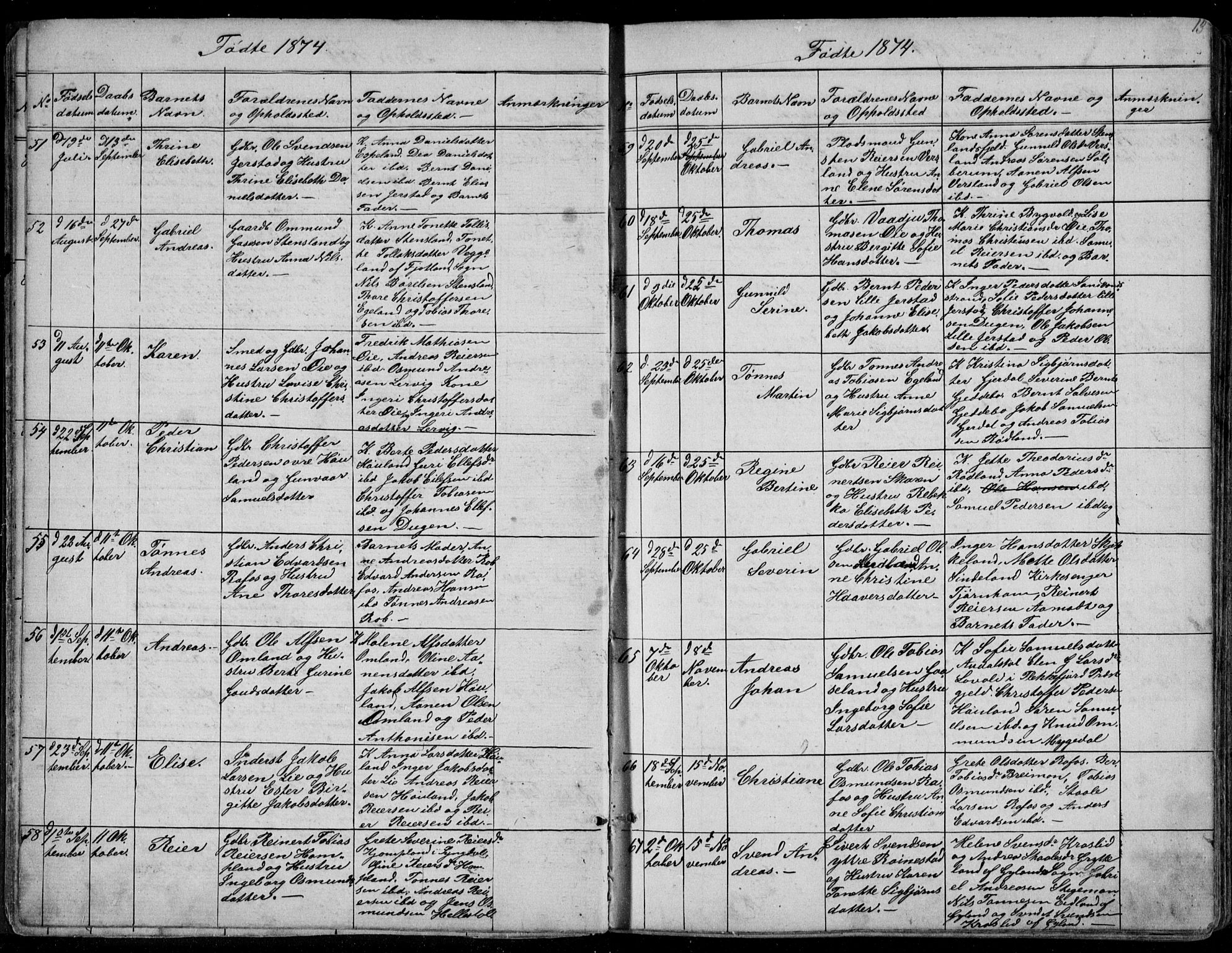 Kvinesdal sokneprestkontor, SAK/1111-0026/F/Fb/Fbb/L0002: Parish register (copy) no. B 2, 1873-1897, p. 13