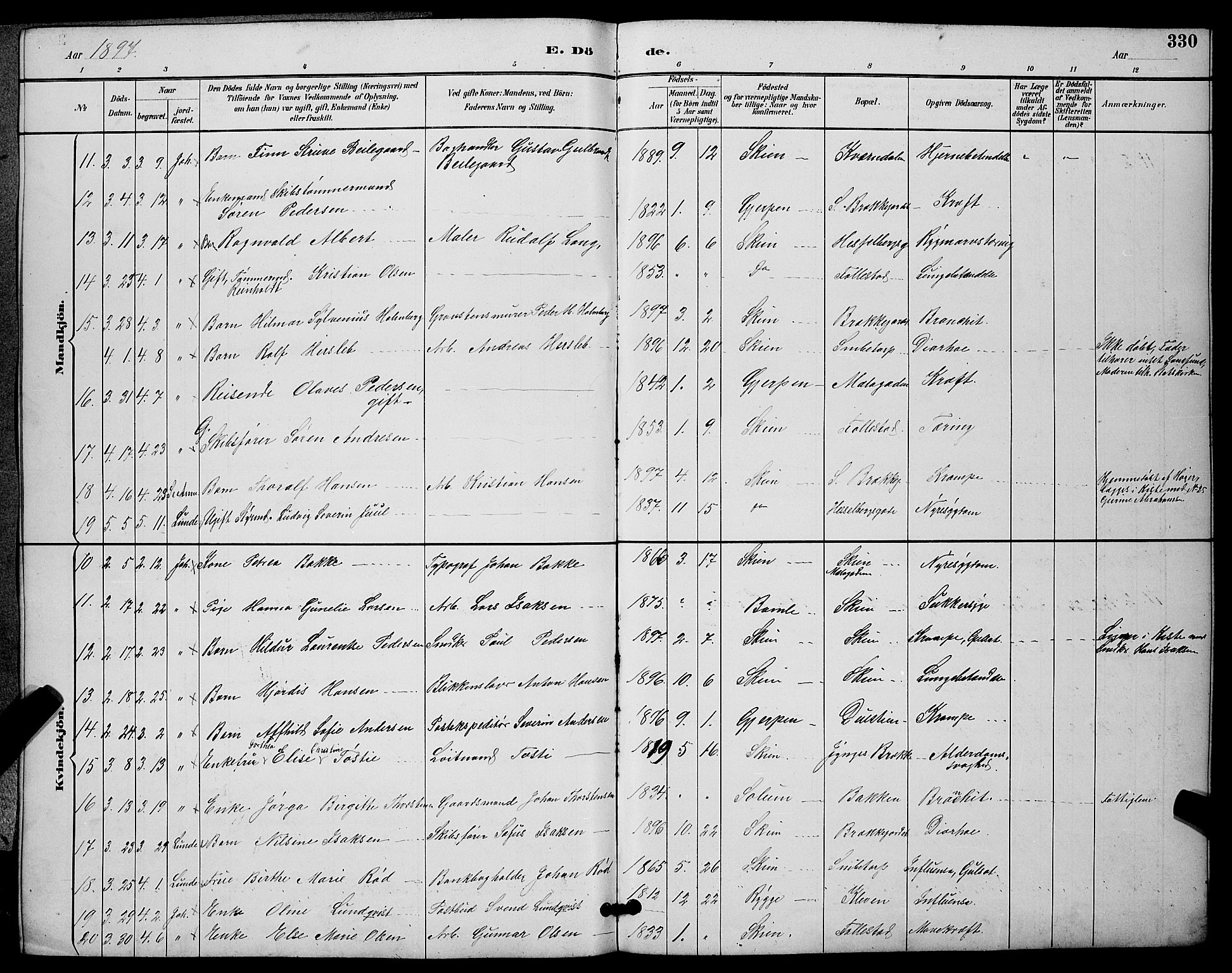 Skien kirkebøker, AV/SAKO-A-302/G/Ga/L0007: Parish register (copy) no. 7, 1891-1900, p. 330