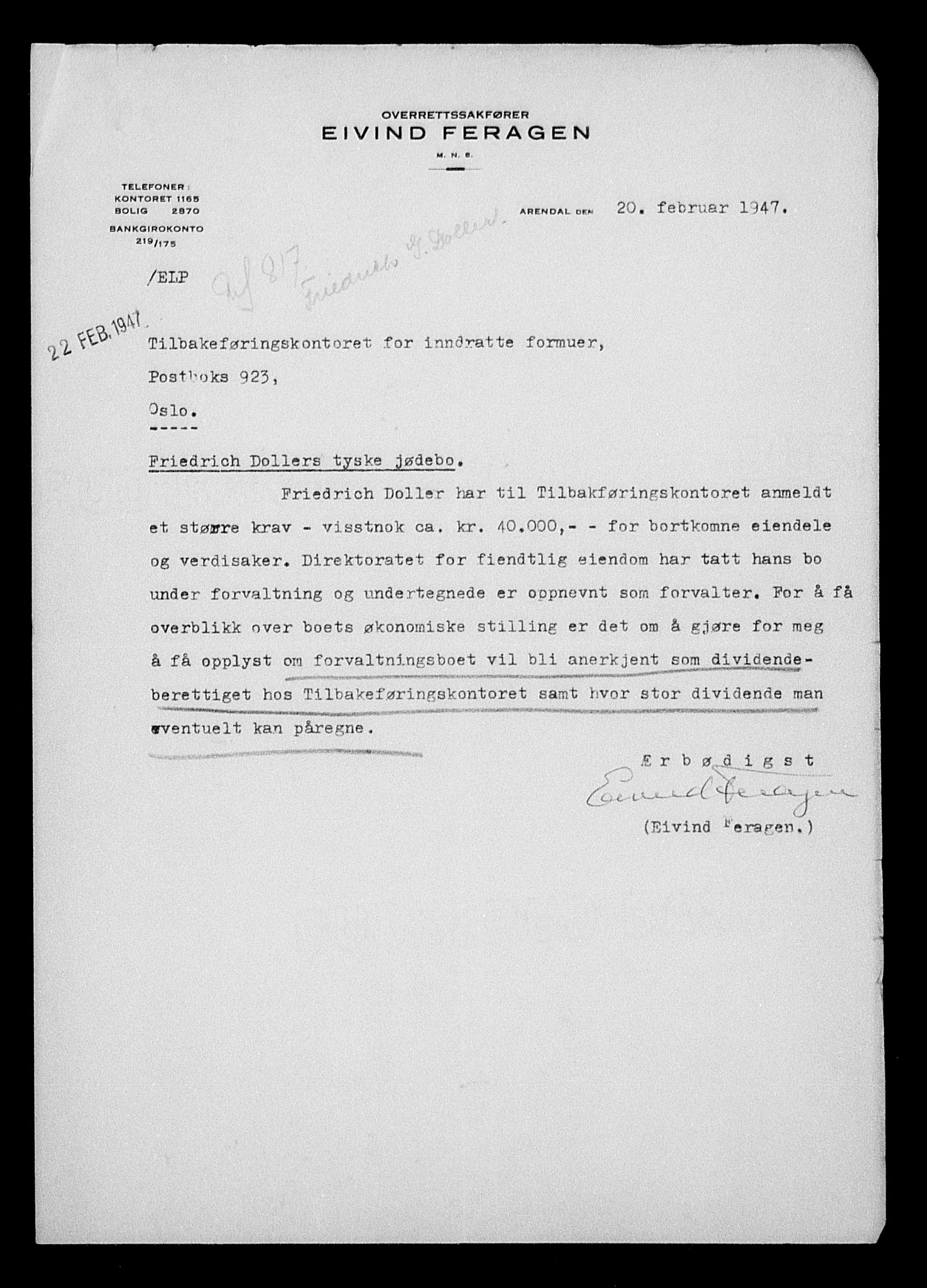 Justisdepartementet, Tilbakeføringskontoret for inndratte formuer, AV/RA-S-1564/H/Hc/Hcd/L0993: --, 1945-1947, p. 256