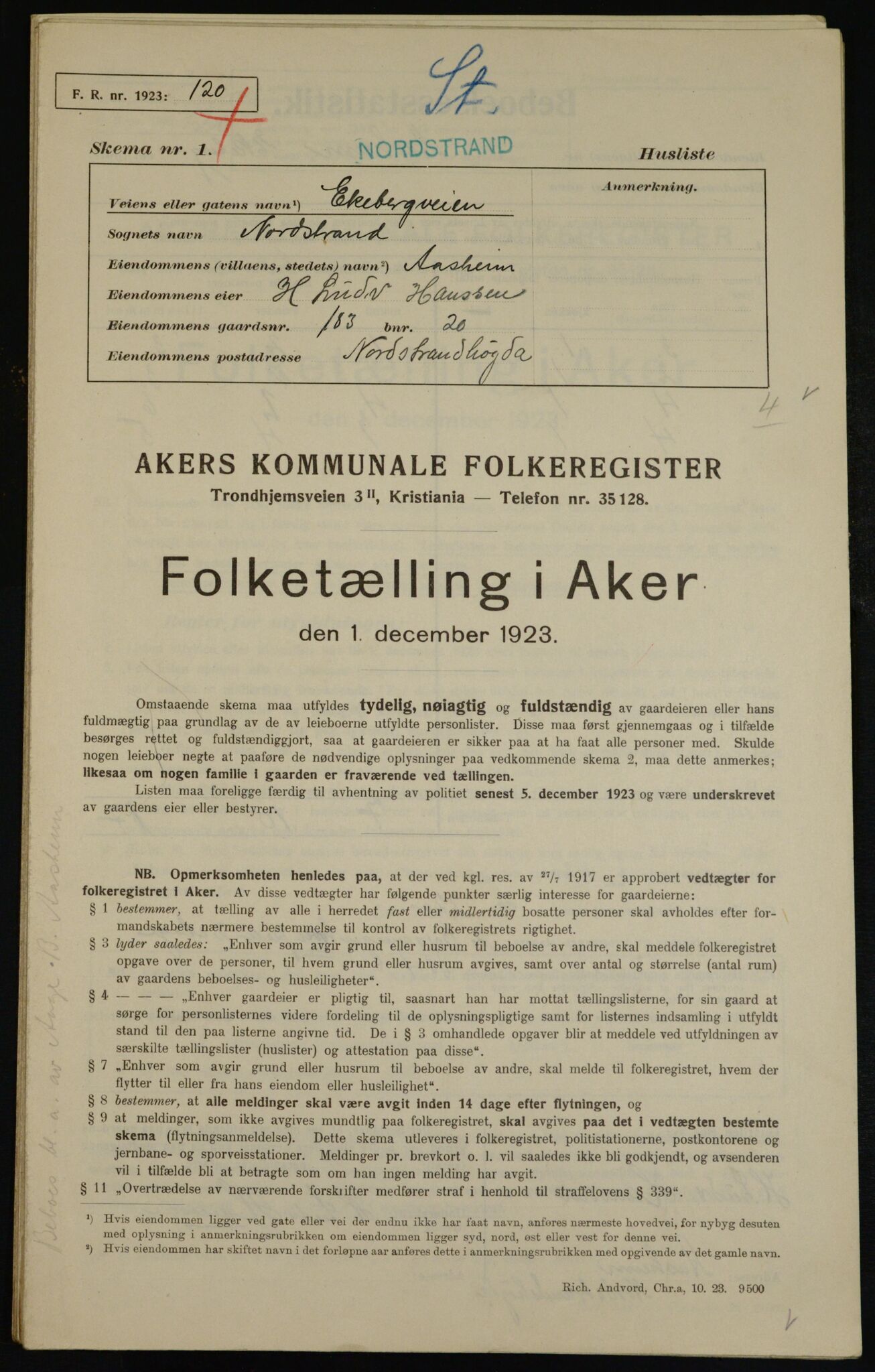 , Municipal Census 1923 for Aker, 1923, p. 37314