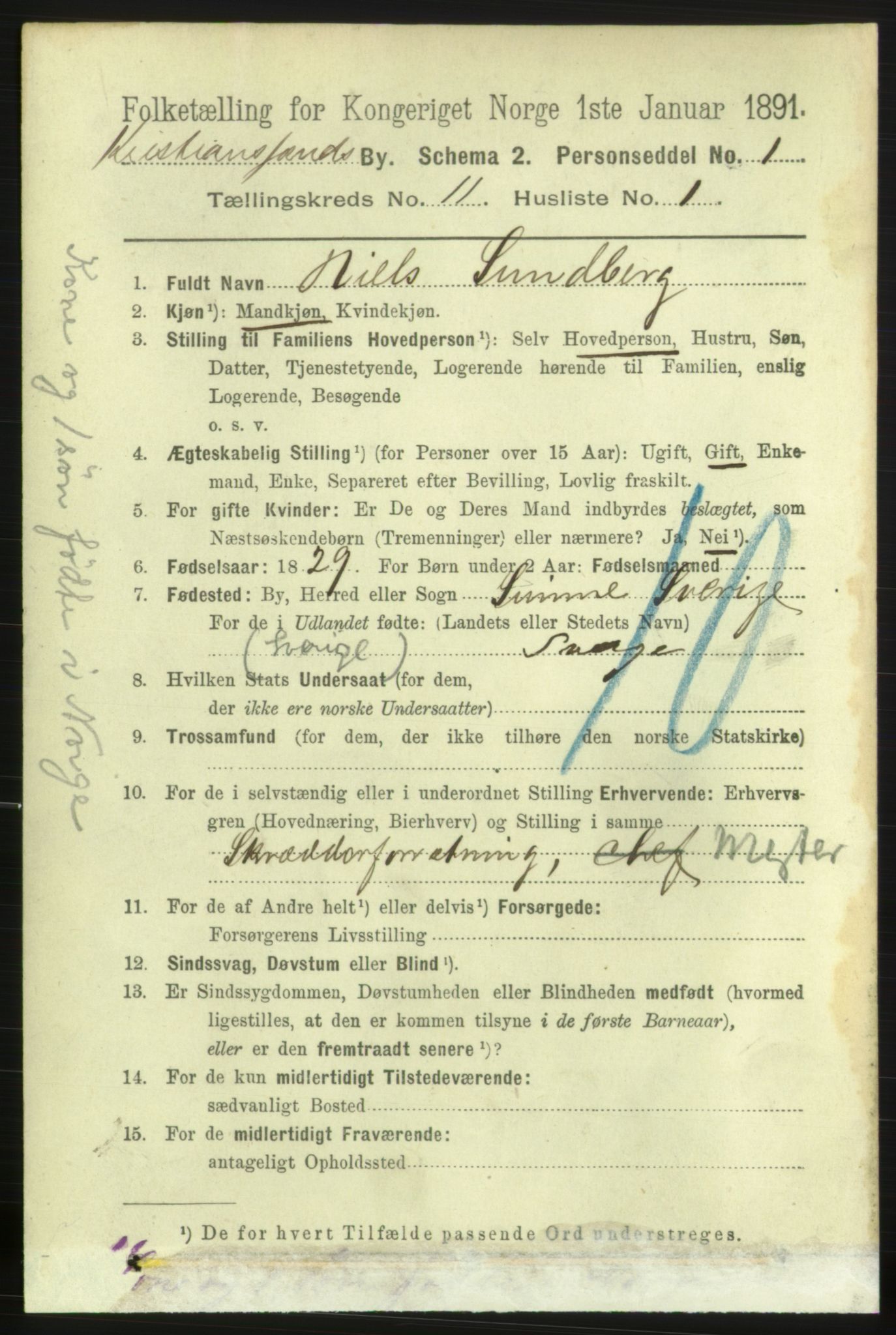 RA, 1891 census for 1001 Kristiansand, 1891, p. 5584