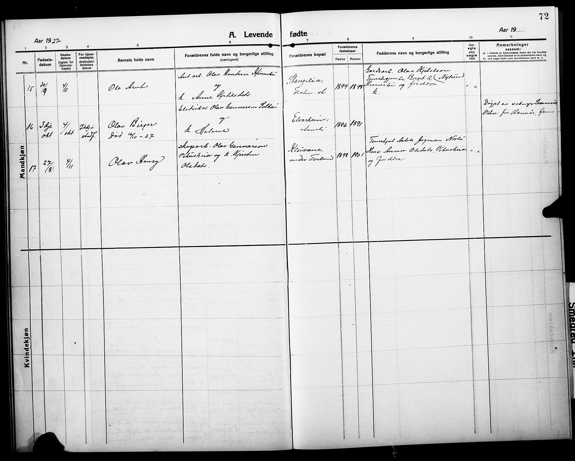 Åmli sokneprestkontor, AV/SAK-1111-0050/F/Fb/Fbc/L0006: Parish register (copy) no. B 6, 1915-1929, p. 72