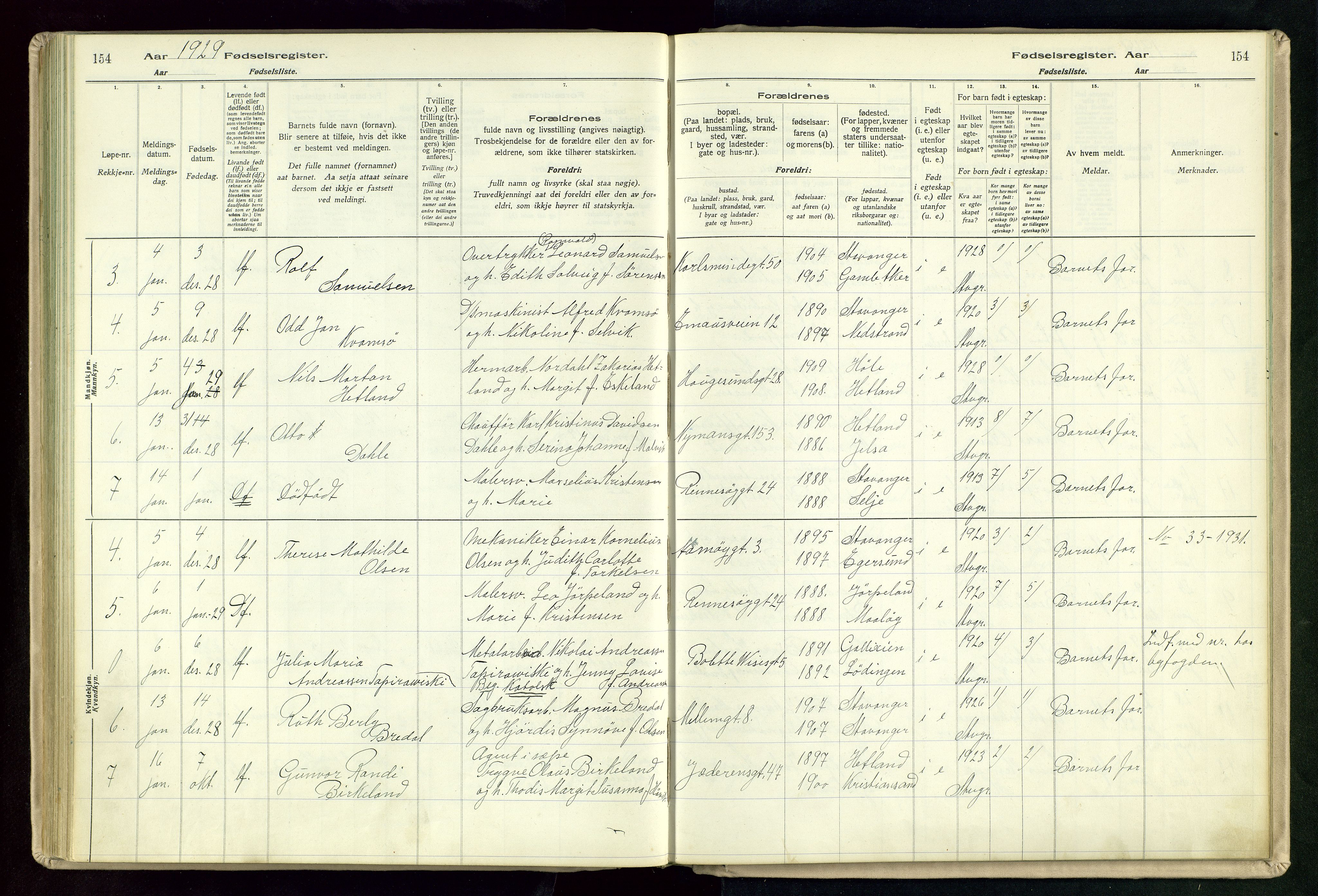 St. Johannes sokneprestkontor, SAST/A-101814/002/A/L0003: Birth register no. 3, 1924-1930, p. 154