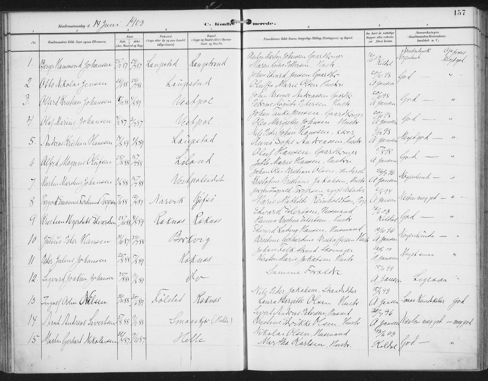 Ministerialprotokoller, klokkerbøker og fødselsregistre - Nordland, AV/SAT-A-1459/874/L1062: Parish register (official) no. 874A06, 1899-1907, p. 157