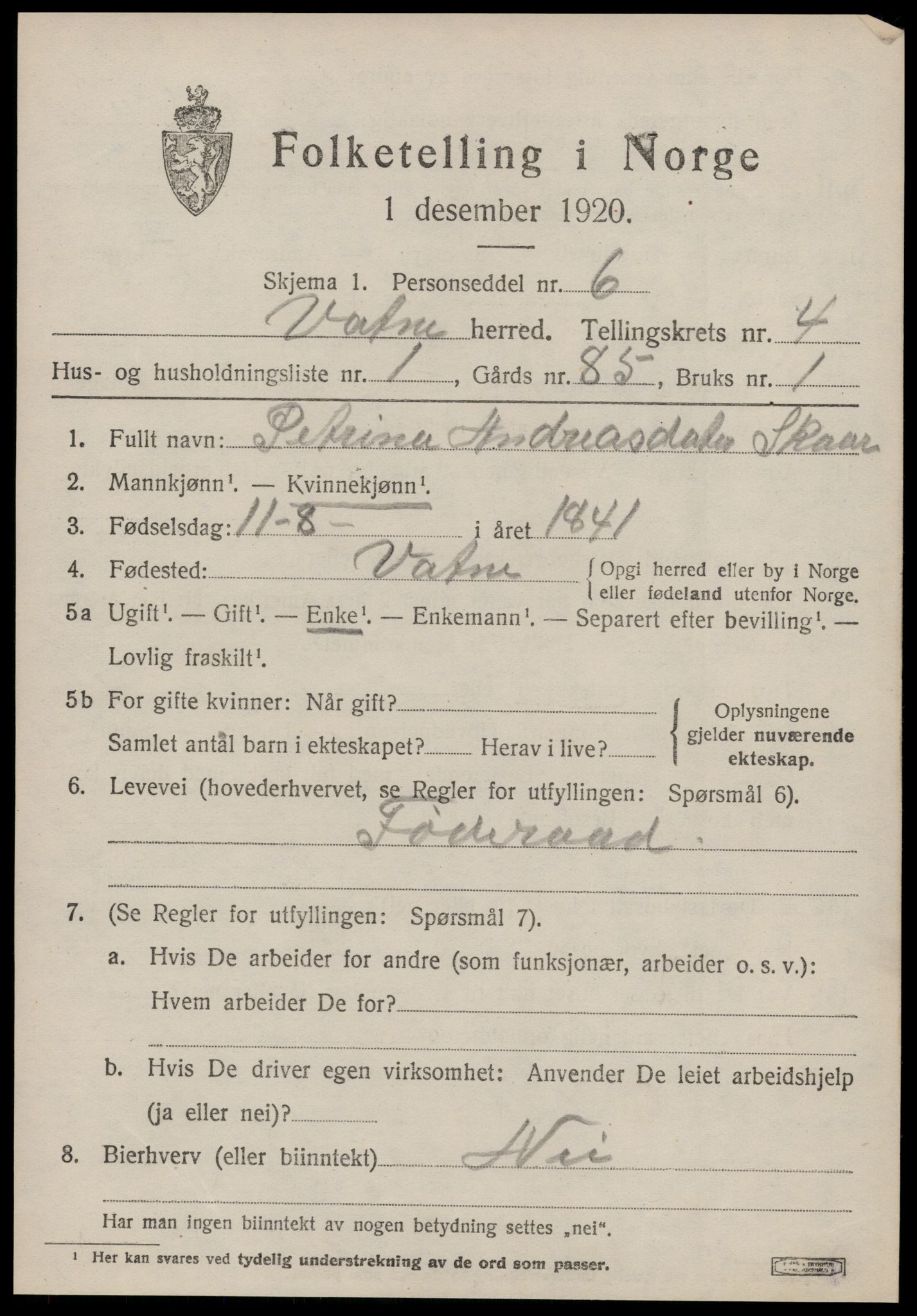 SAT, 1920 census for Vatne, 1920, p. 1822