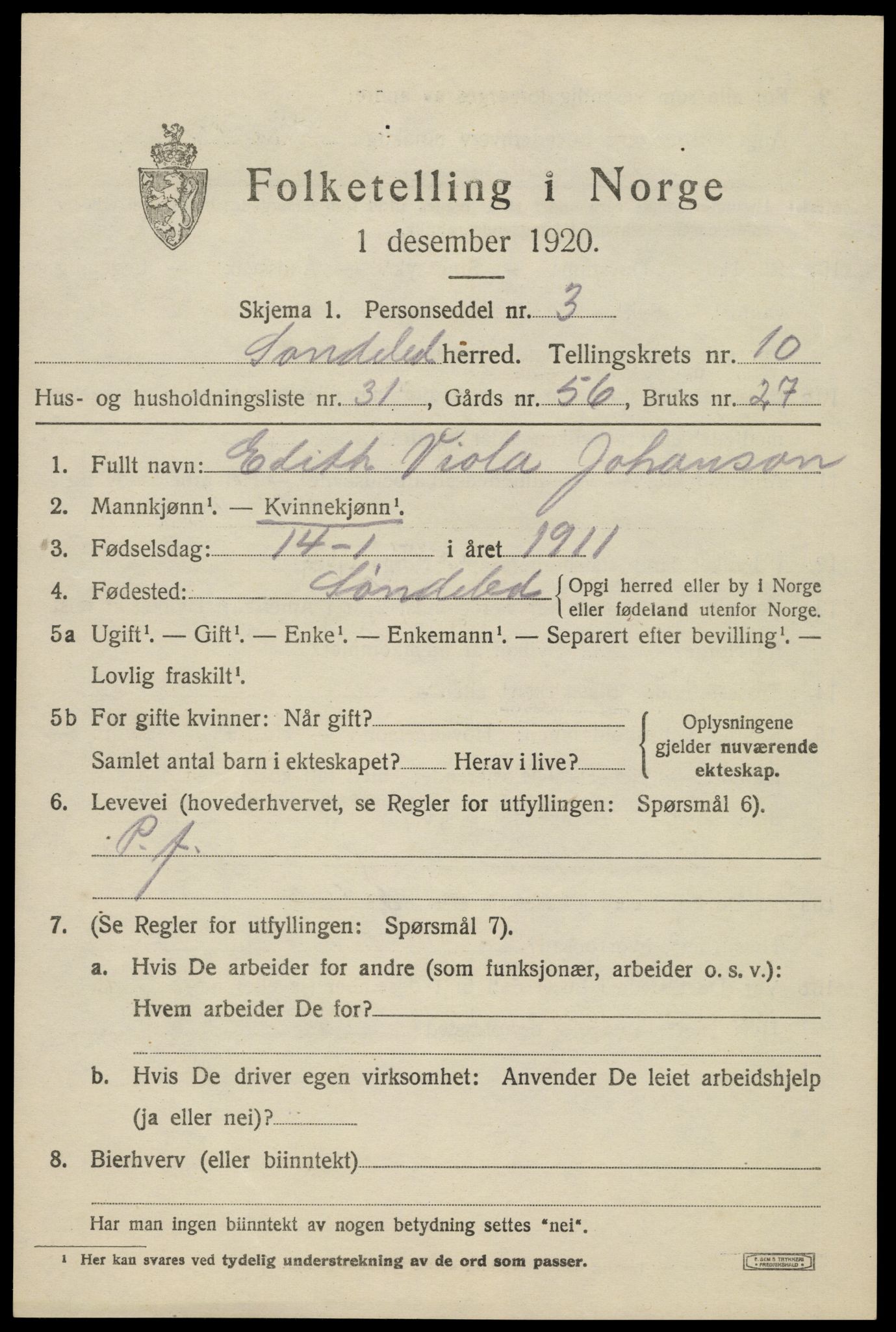 SAK, 1920 census for Søndeled, 1920, p. 5317