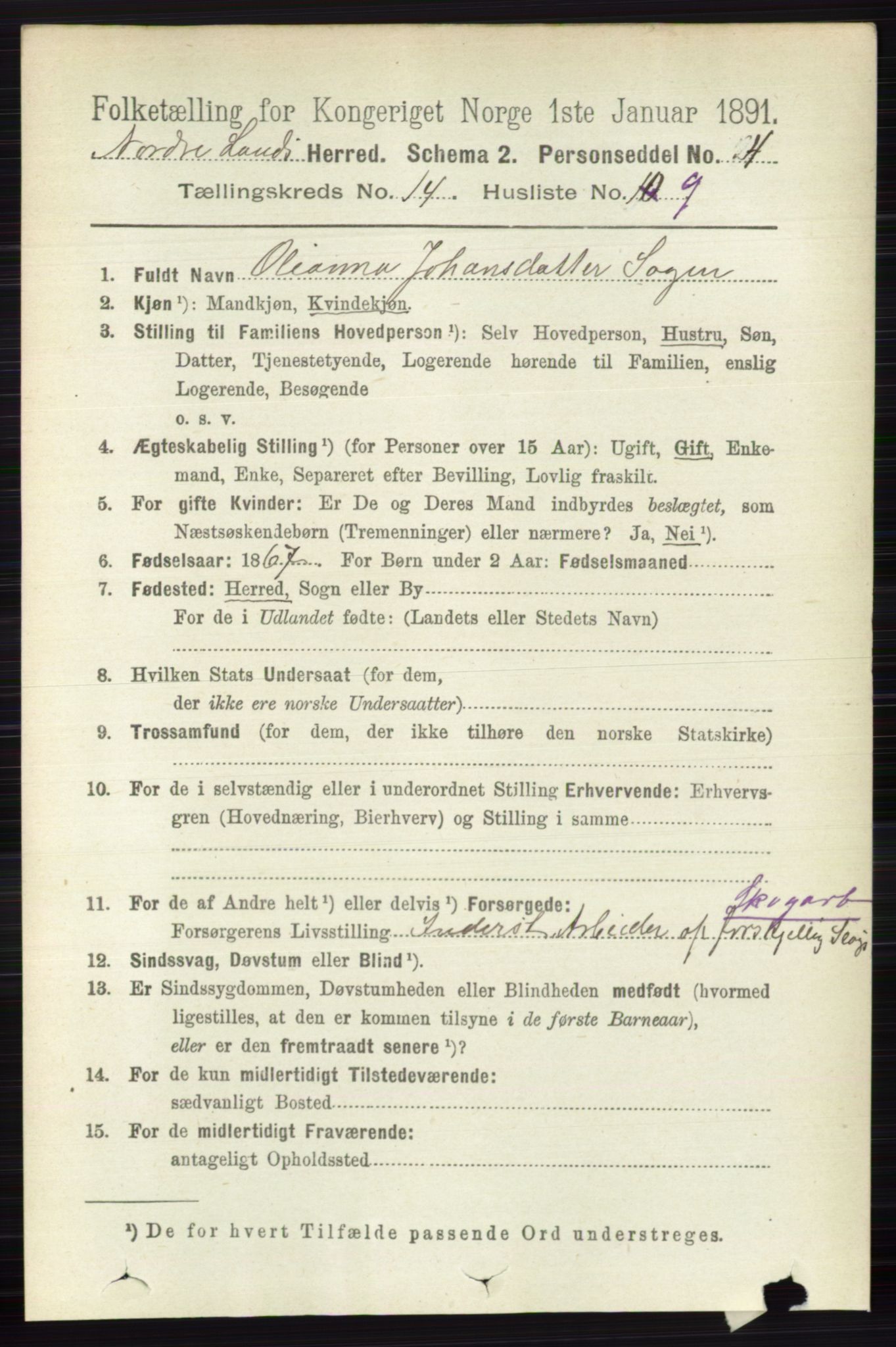 RA, 1891 census for 0538 Nordre Land, 1891, p. 3667