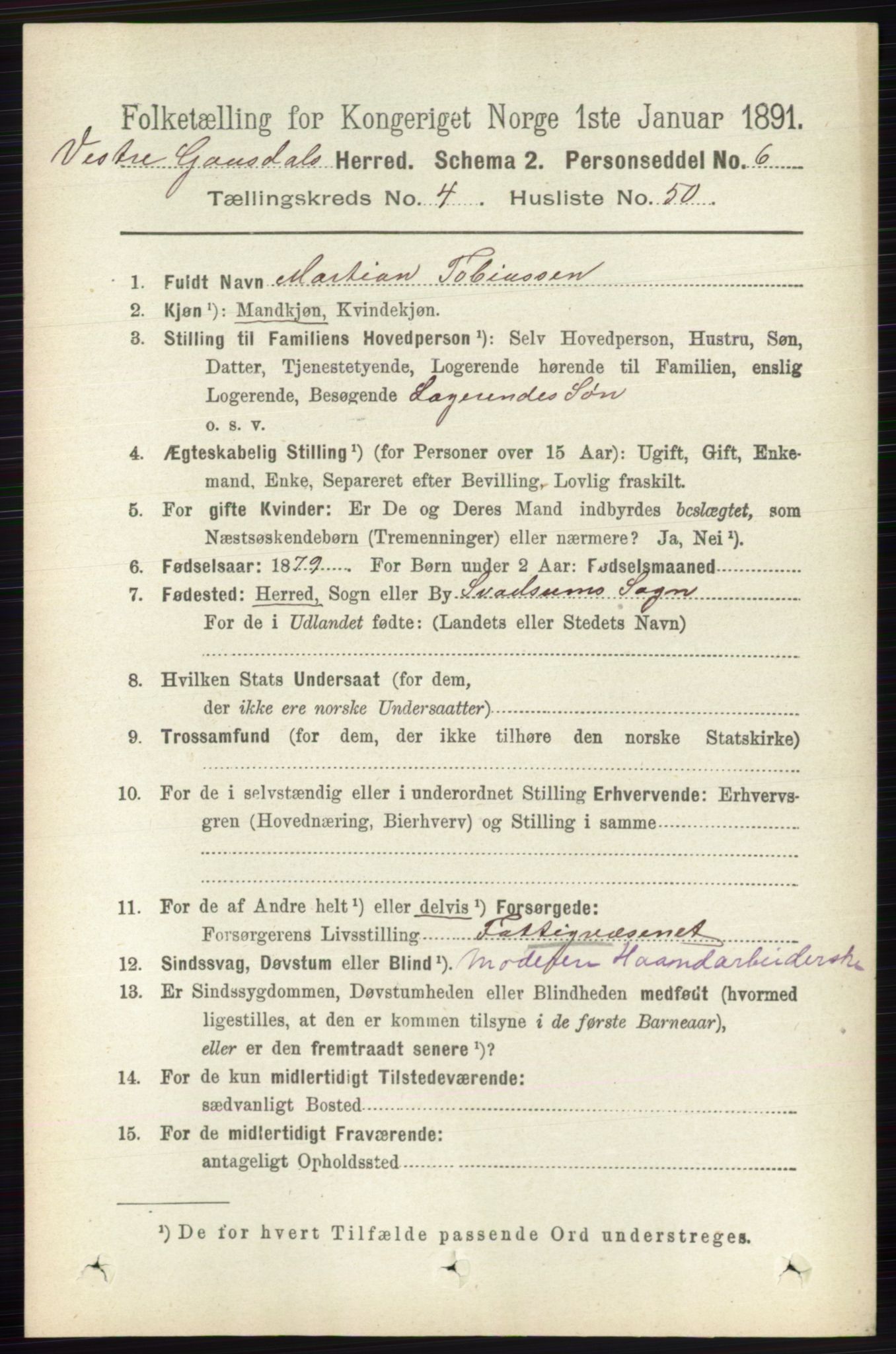 RA, 1891 census for 0523 Vestre Gausdal, 1891, p. 1992