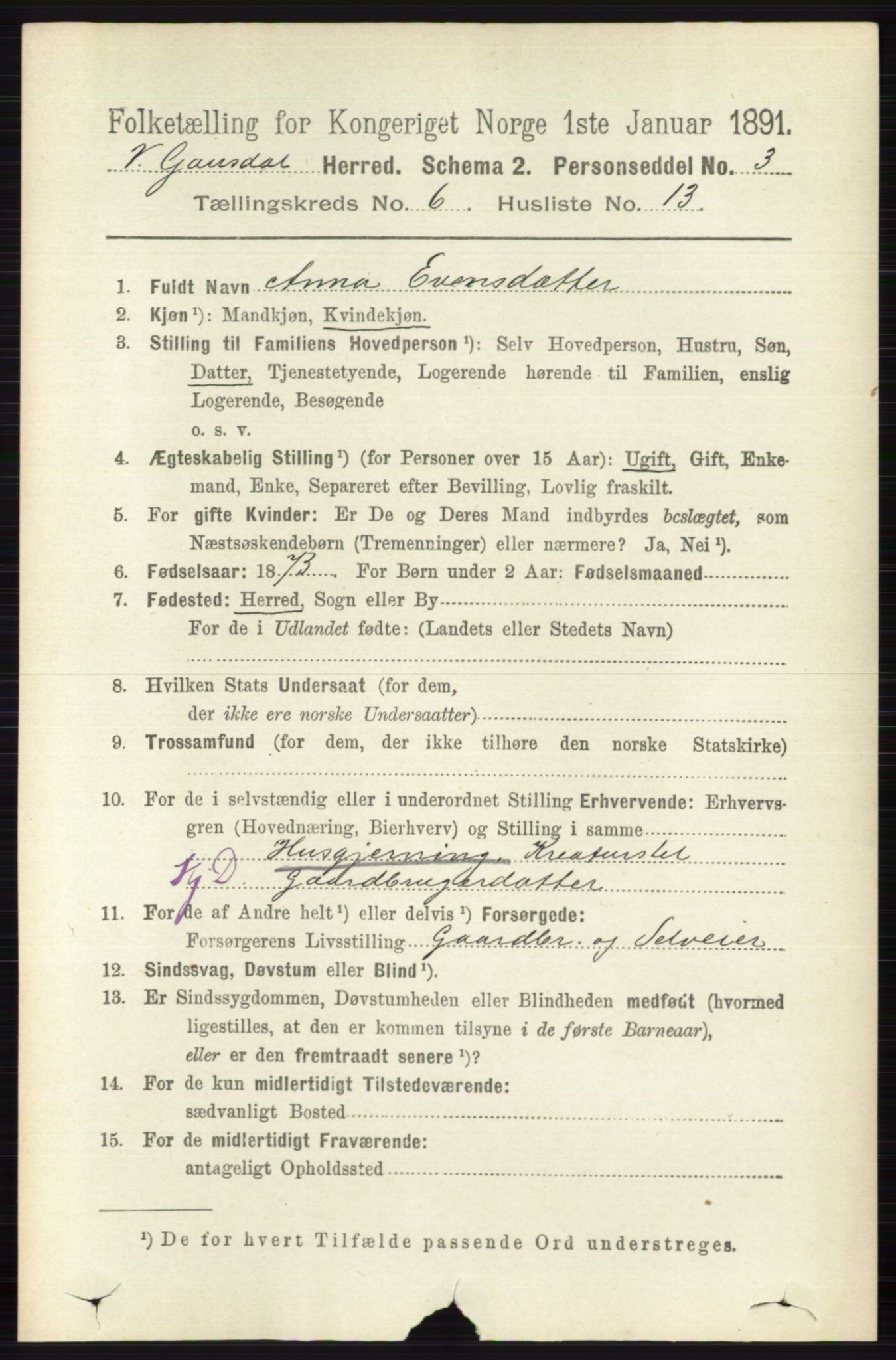 RA, 1891 census for 0523 Vestre Gausdal, 1891, p. 2638